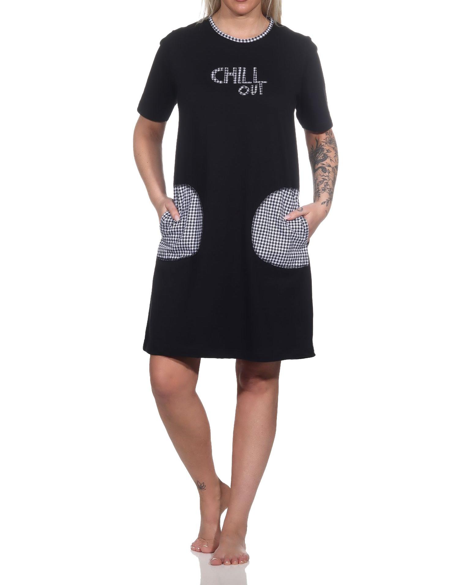 Damen kurzarm Nachthemd mit aufgesetzten Taschen und Frontprint – auch in Übergrößen