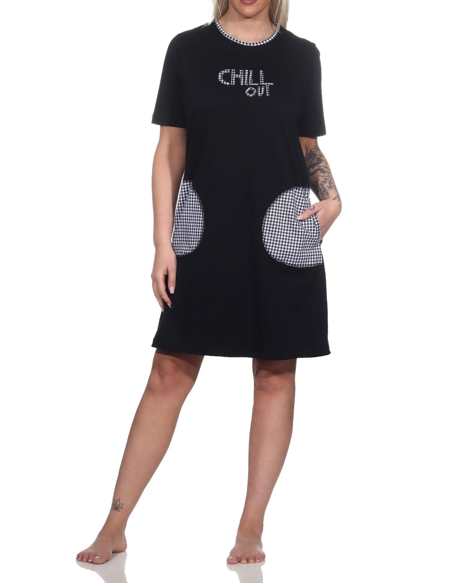 Damen kurzarm Nachthemd mit aufgesetzten Taschen und Frontprint – auch in Übergrößen