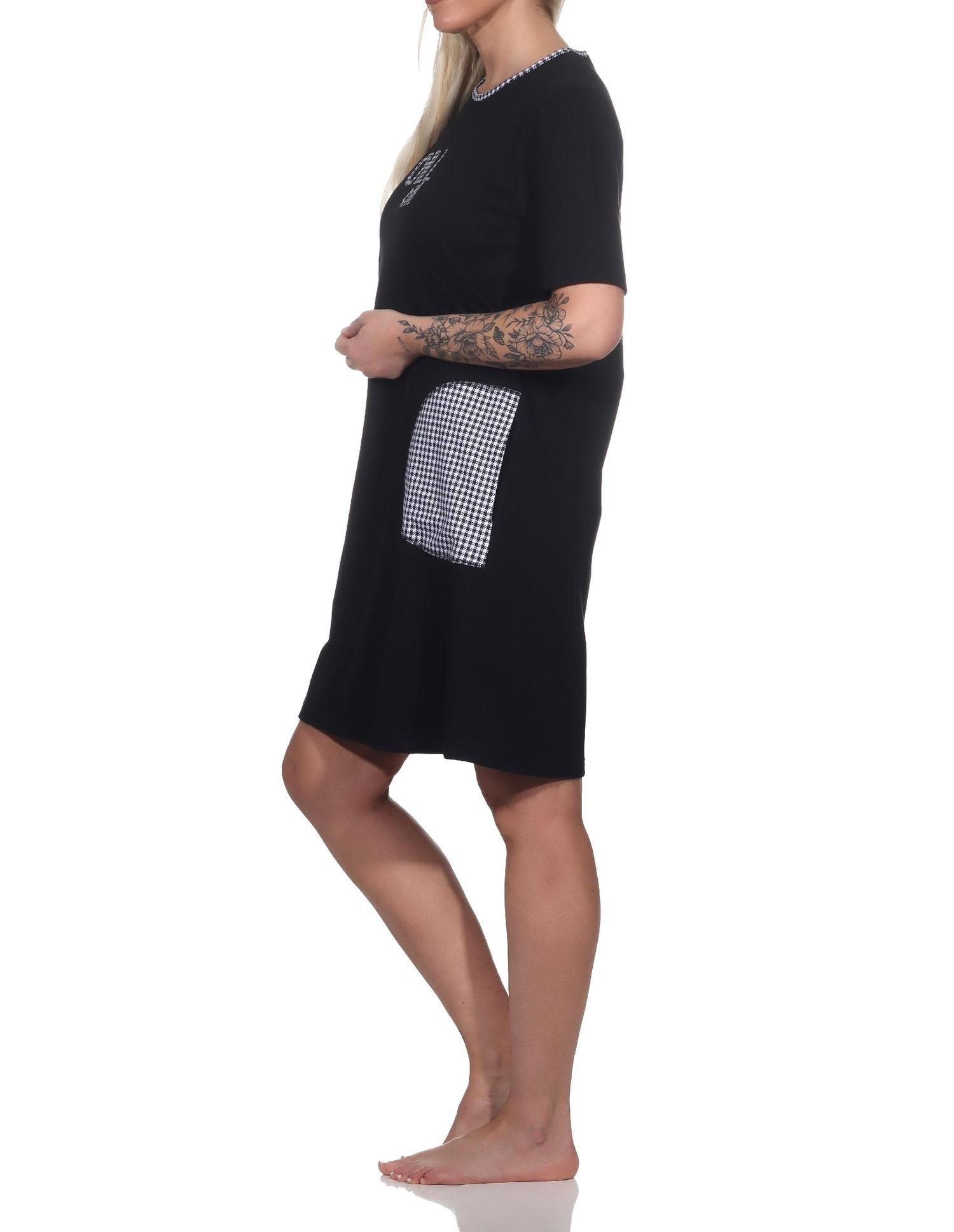 Damen kurzarm Nachthemd mit aufgesetzten Taschen und Frontprint – auch in Übergrößen