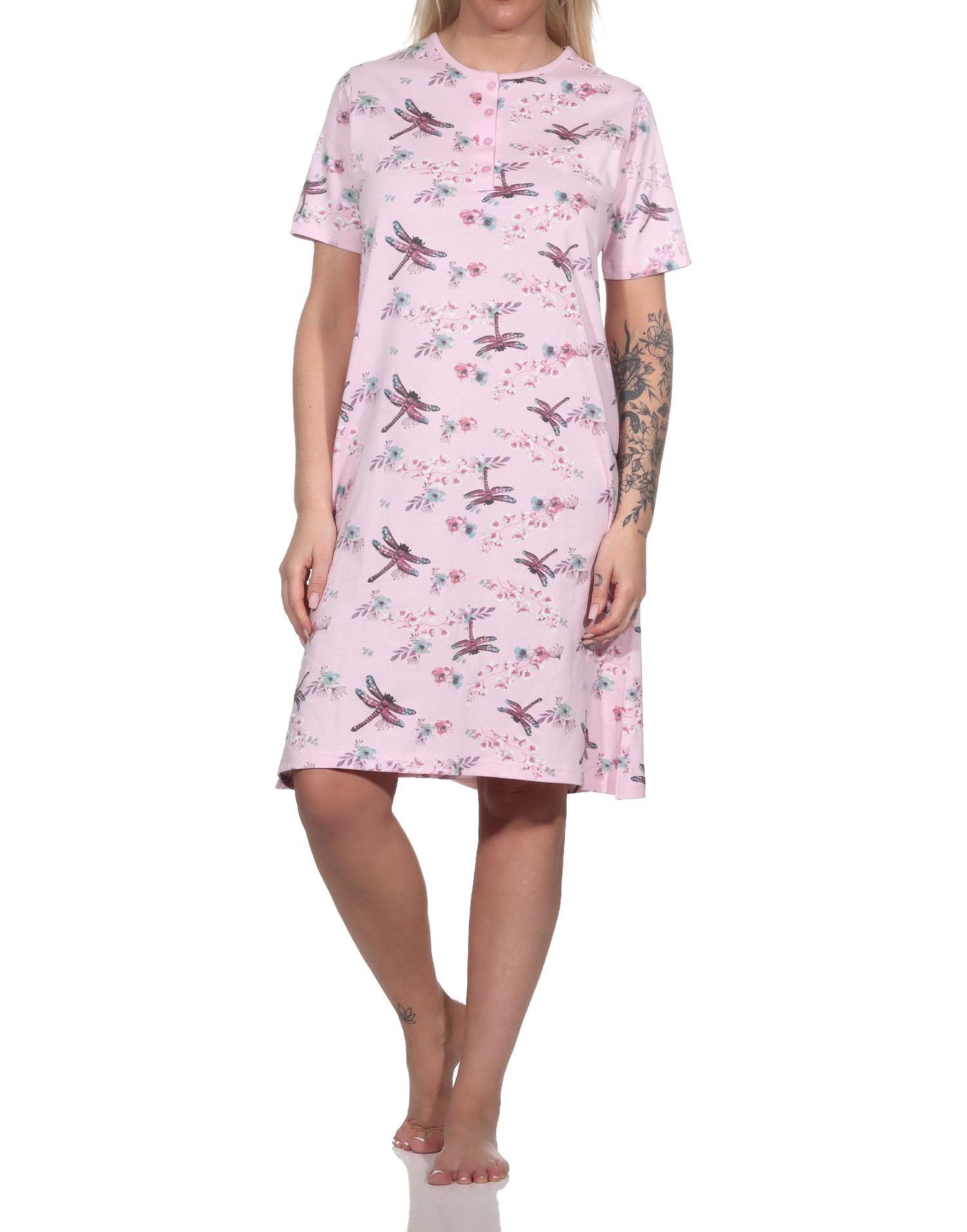Normann Damen kurzarm Nachthemd in floralem Alloverprint und mit Knopfleiste am Hals