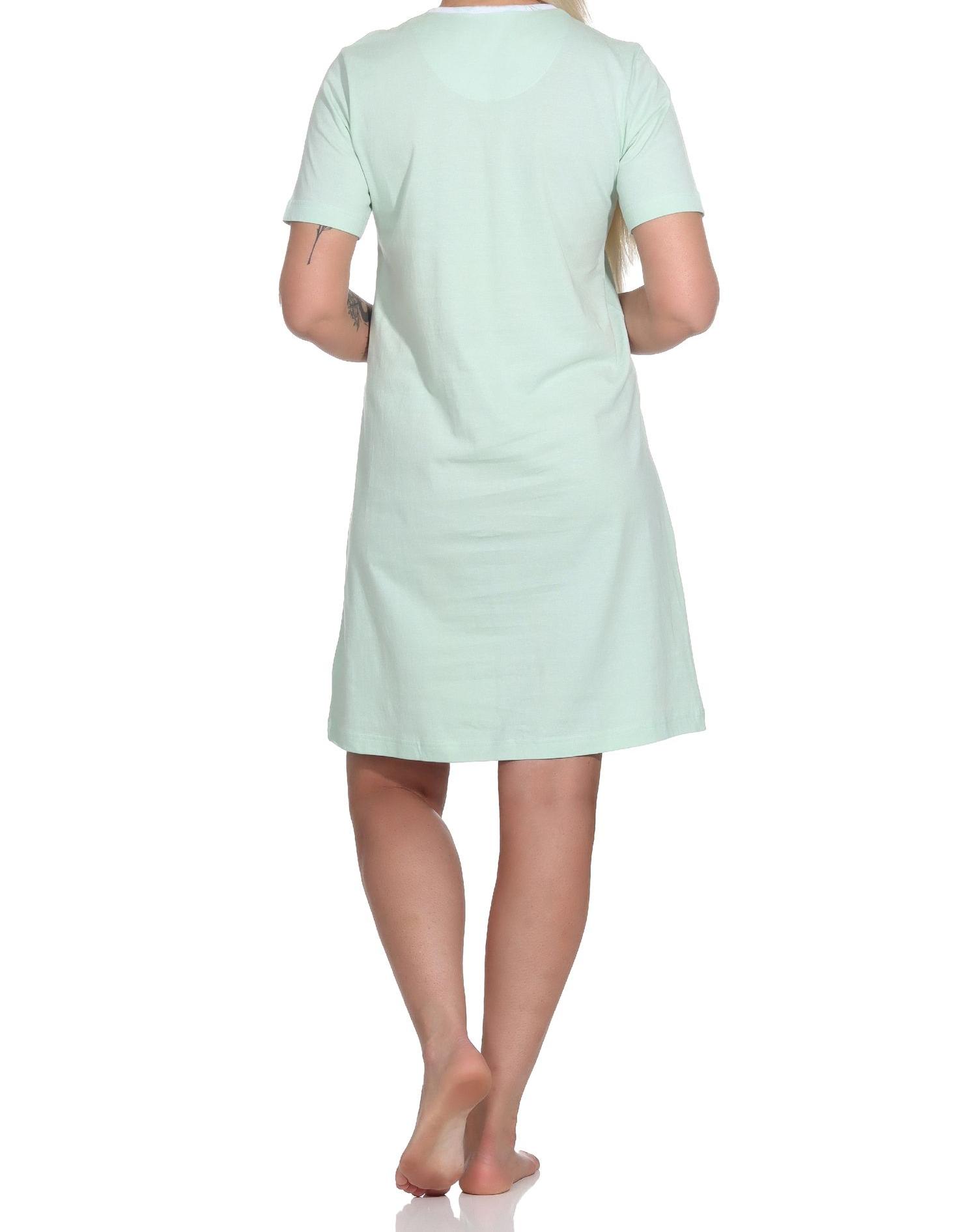 Normann Damen kurzarm Nachthemd mit Flamingo Motiv und Knopfleiste am Hals