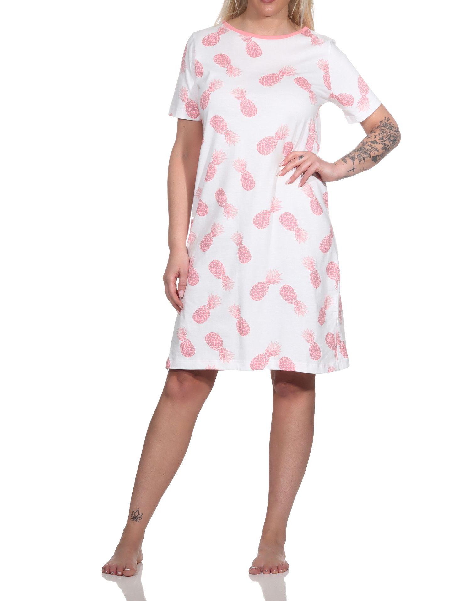 Normann Damen Kurzarm Nachthemd Sleepshirt mit Ananas als Motiv