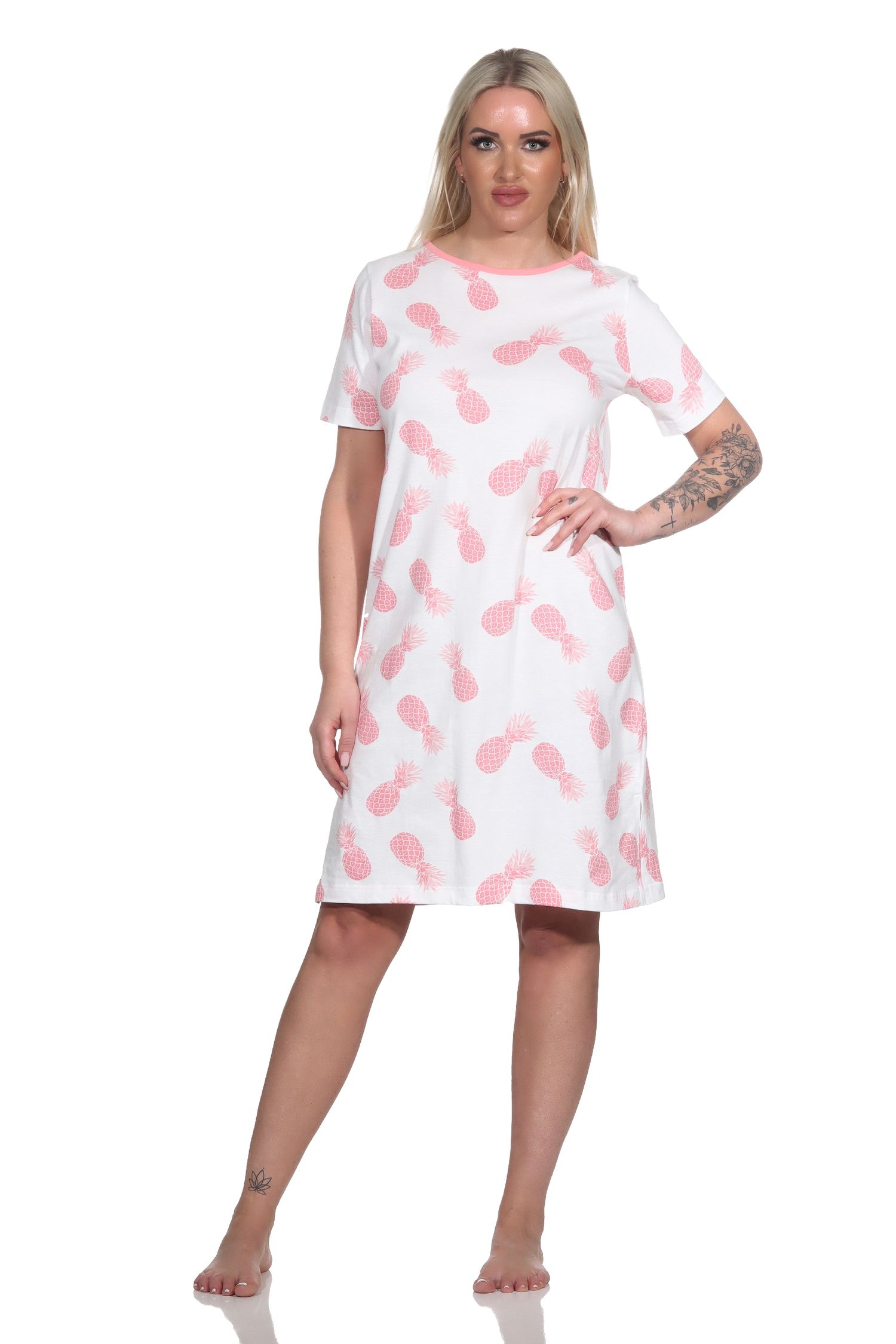 Normann Damen Kurzarm Nachthemd Sleepshirt mit Ananas als Motiv