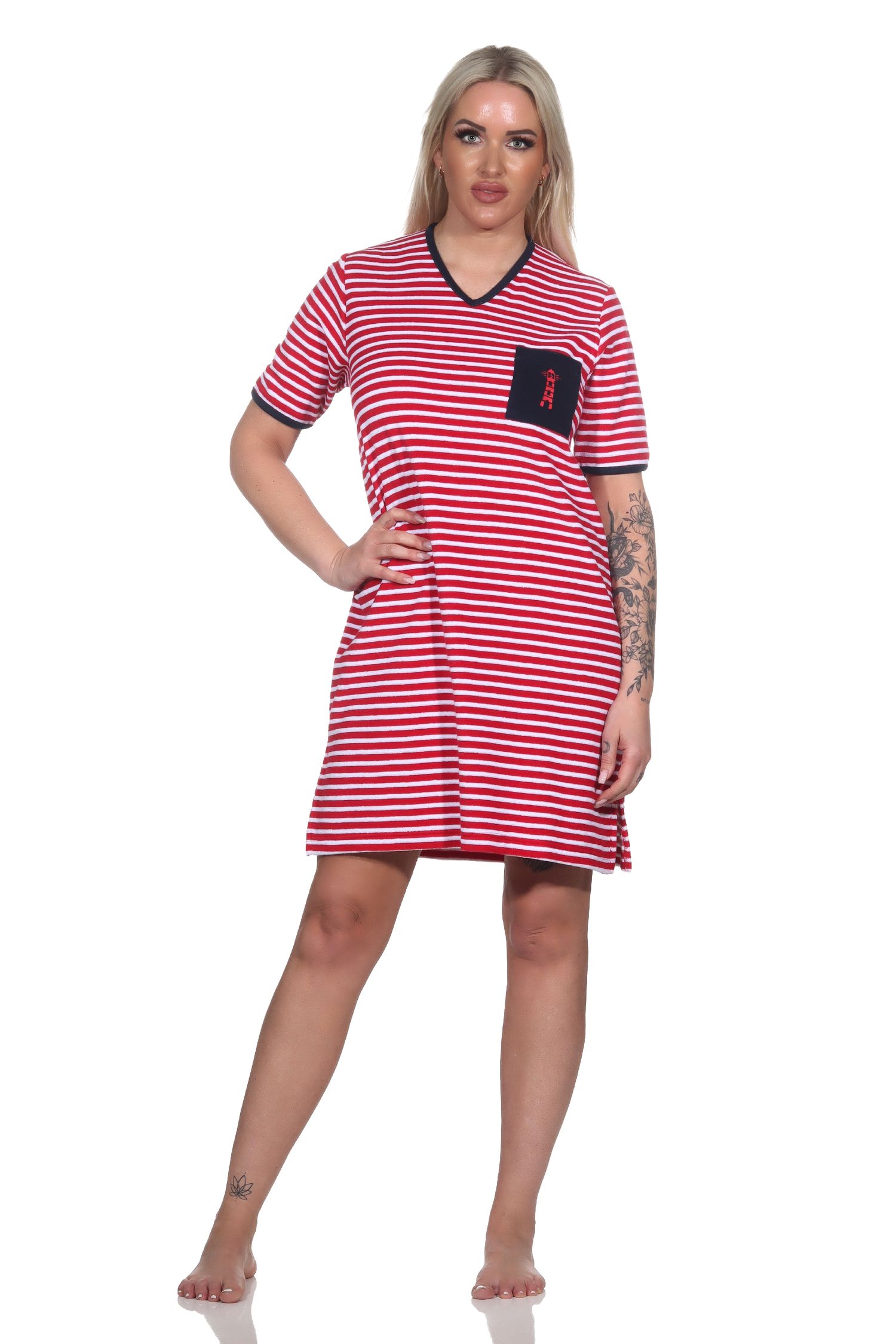 Damen Frottee Kurzarm Nachthemd Strandkleid in maritimer Optik – auch in Übergrössen