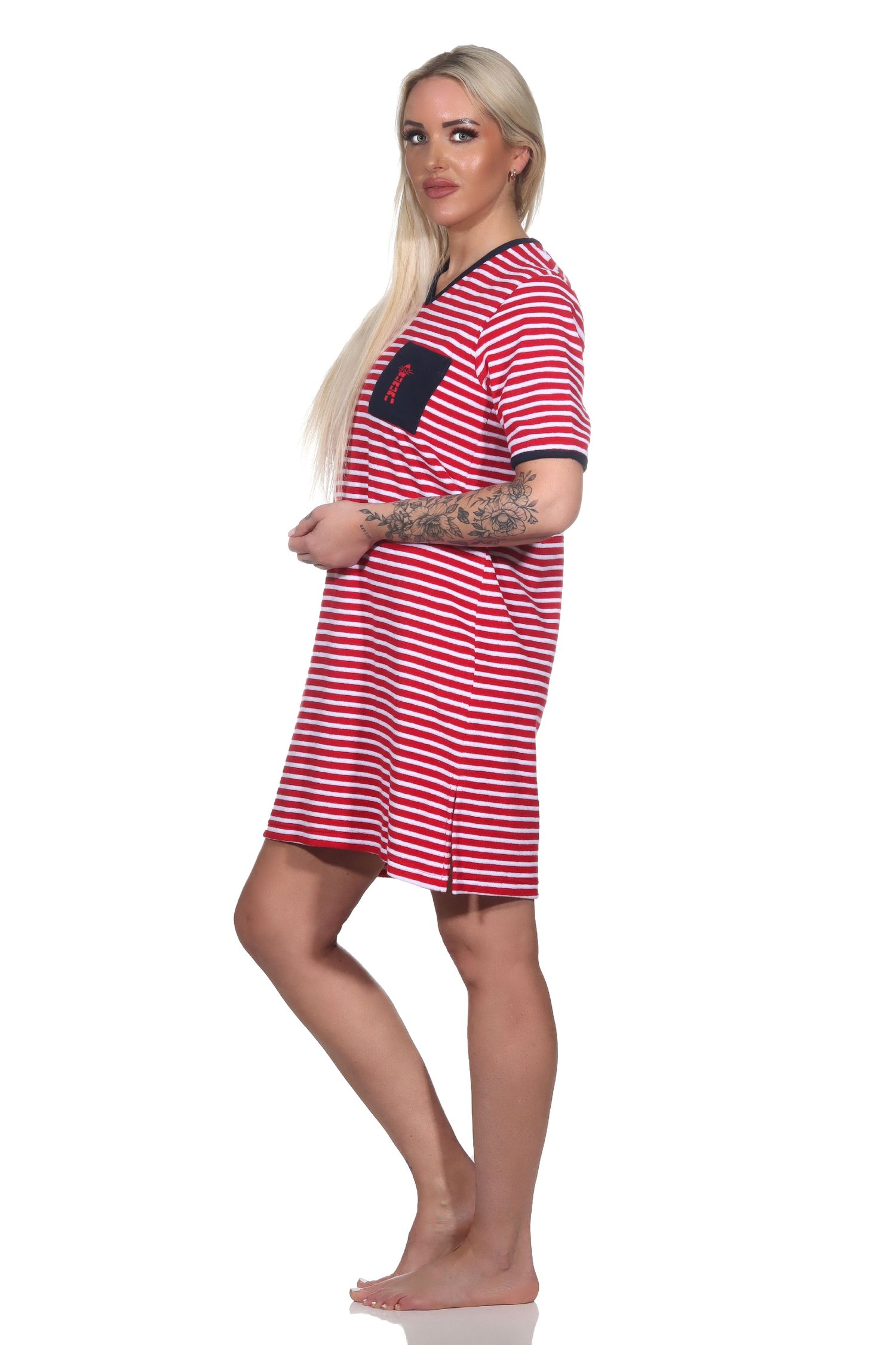 Damen Frottee Kurzarm Nachthemd Strandkleid in maritimer Optik – auch in Übergrössen