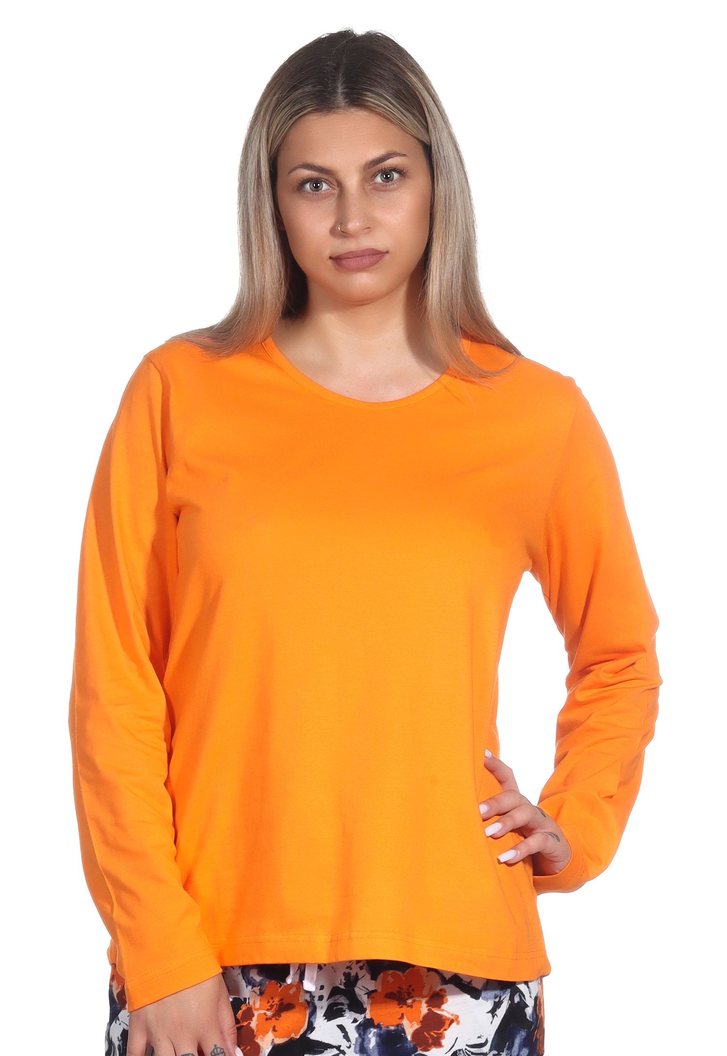 Damen Schlafanzug Shirt langarm Pyjama Oberteil Mix & Match in unifarben