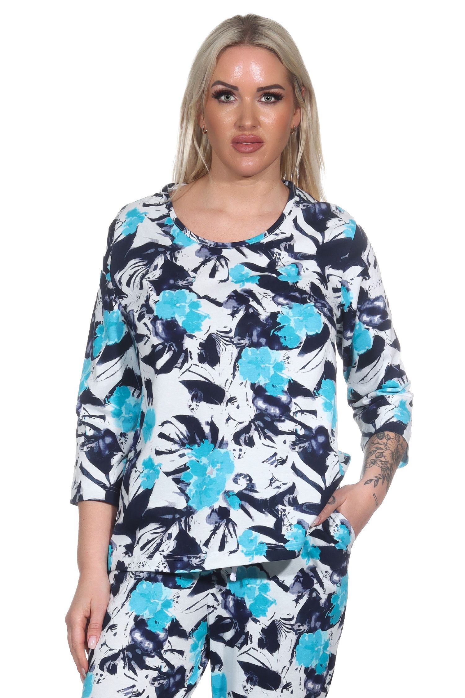 Damen Schlafanzug Shirt langarm Pyjama Oberteil Mix & Match in floraler Optik