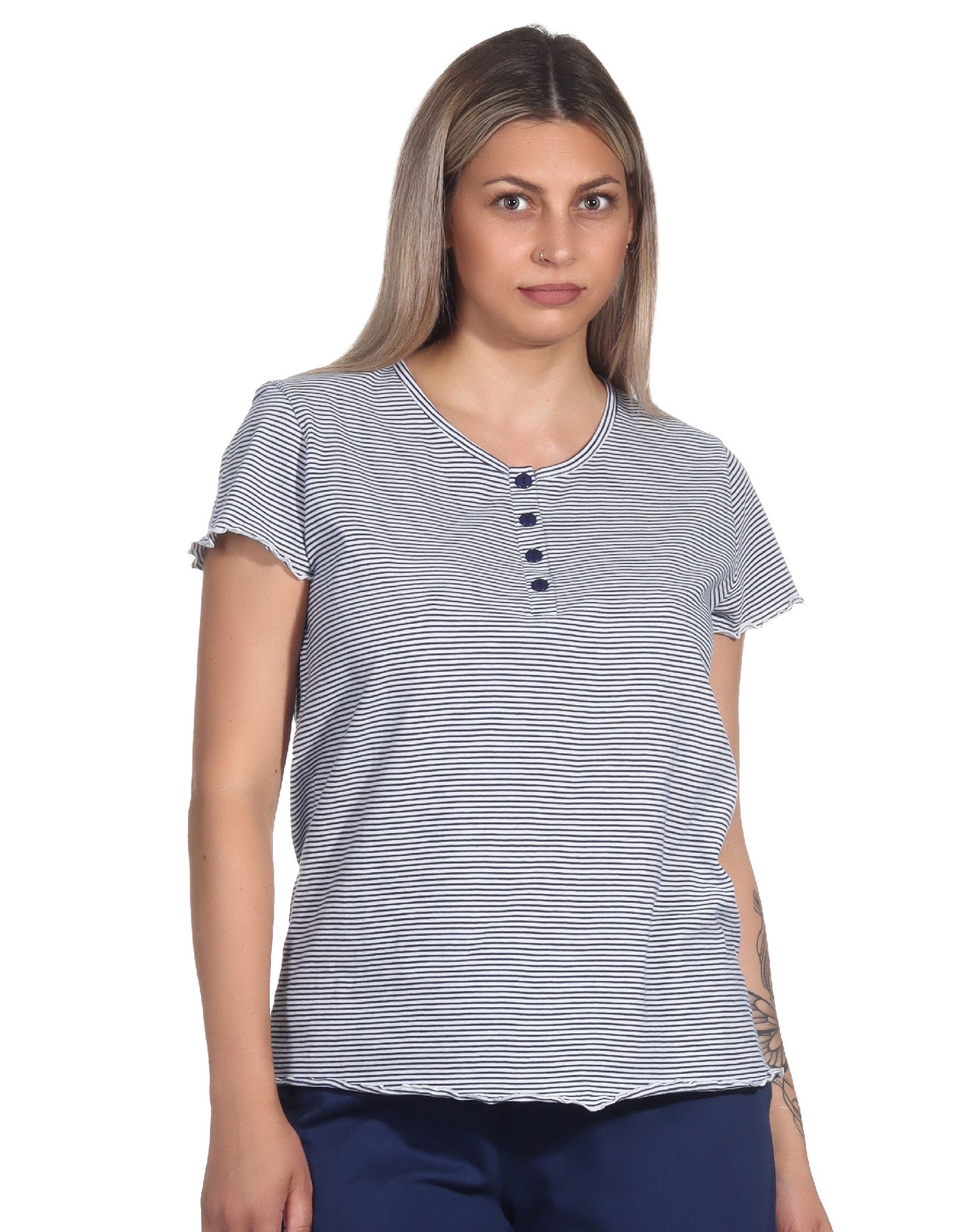 Damen Schlafanzug Shirt kurzarm Pyjama Oberteil Mix & Match in Streifenoptik
