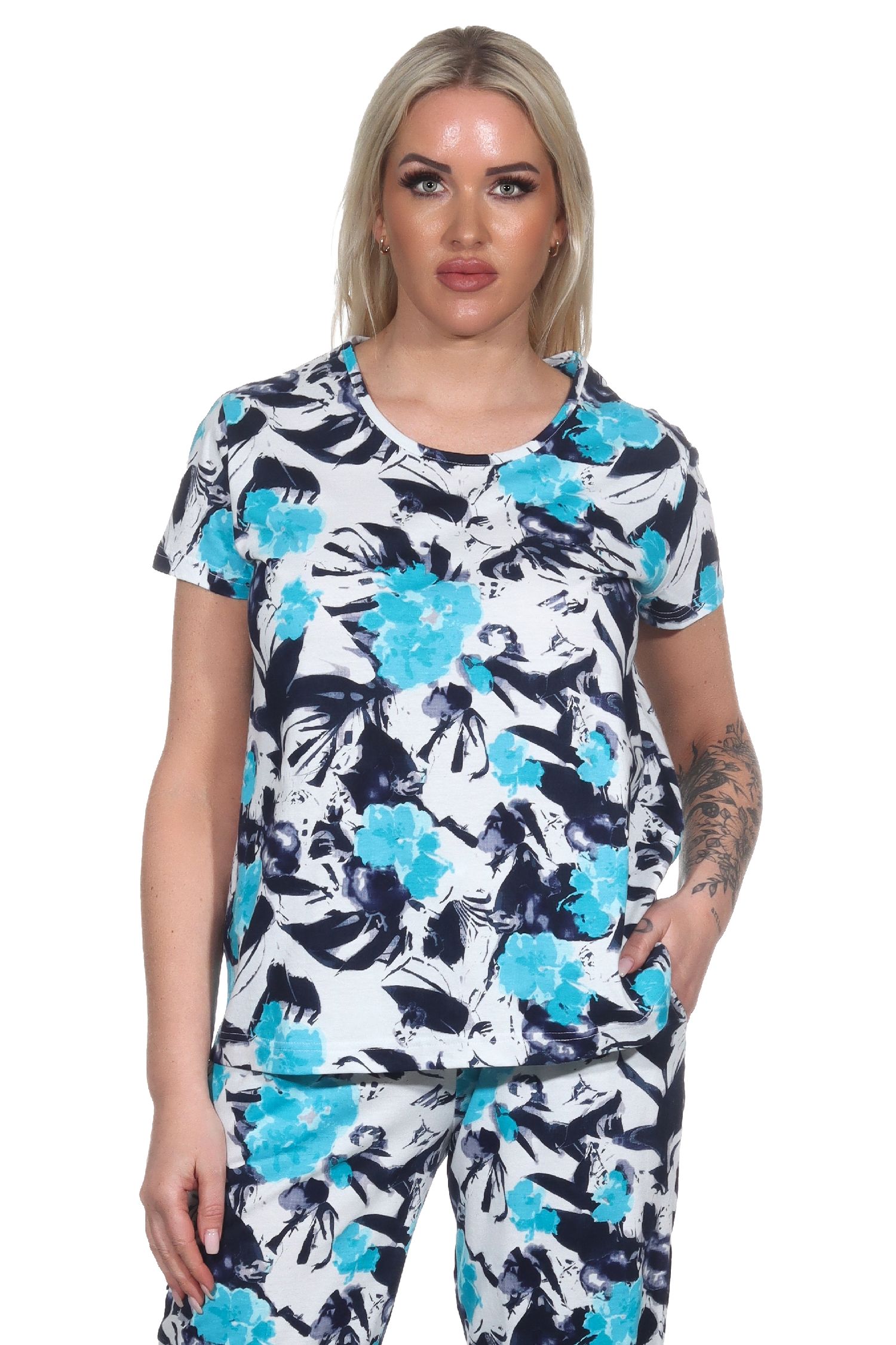 Damen Schlafanzug Shirt kurzarm Pyjama Oberteil Mix & Match in floraler Optik
