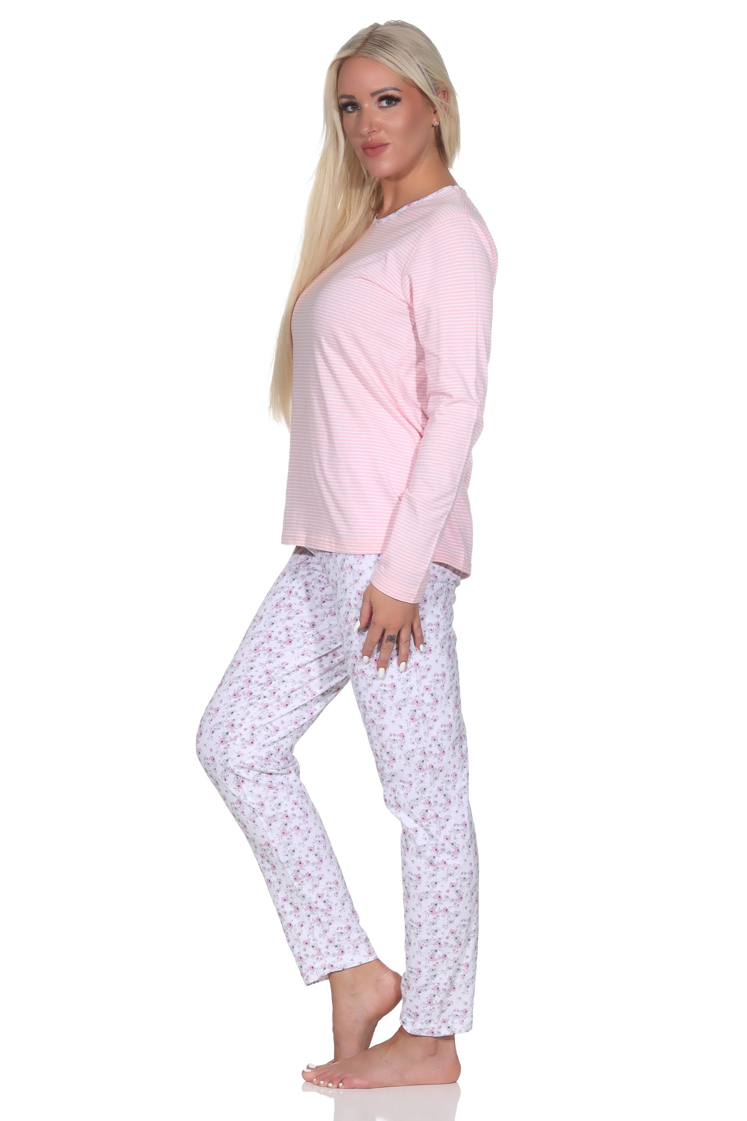 Verspielter Damen langarm Schlafanzug Pyjama in tollem floralen Muster