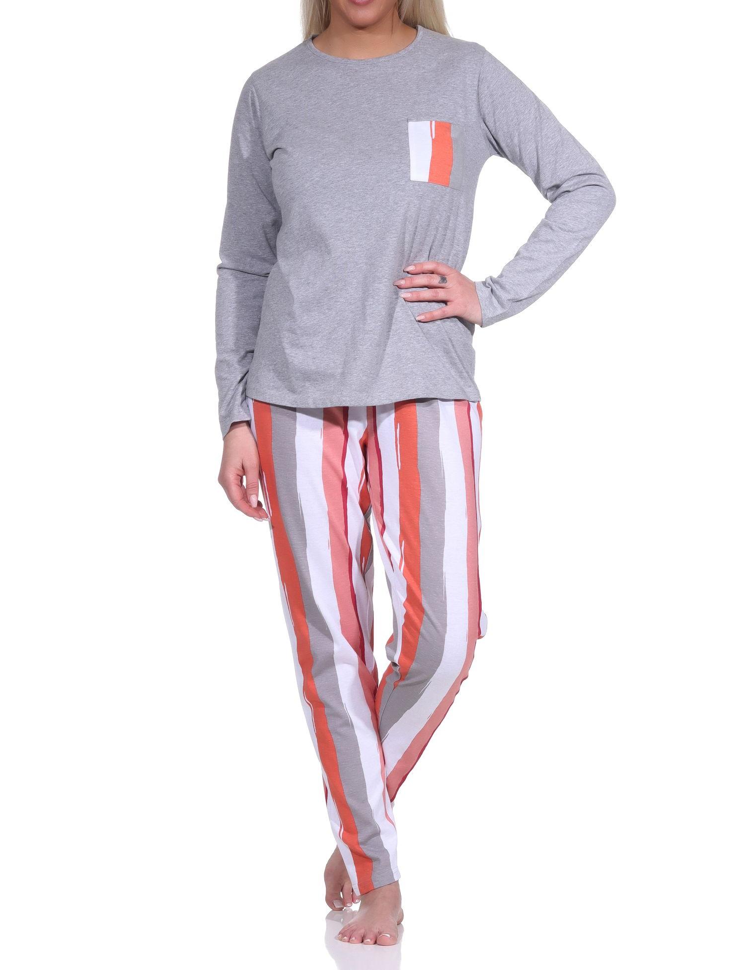 Lässiger Damen Schlafanzug lang mit tollem Farbzusammenspiel - Blumen / Streifen-Optik