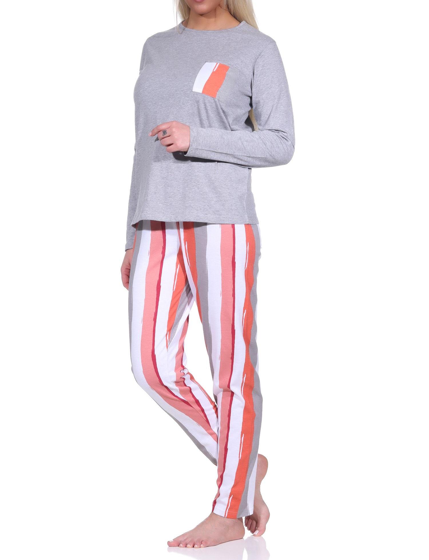 Lässiger Damen Schlafanzug lang mit tollem Farbzusammenspiel - Blumen / Streifen-Optik