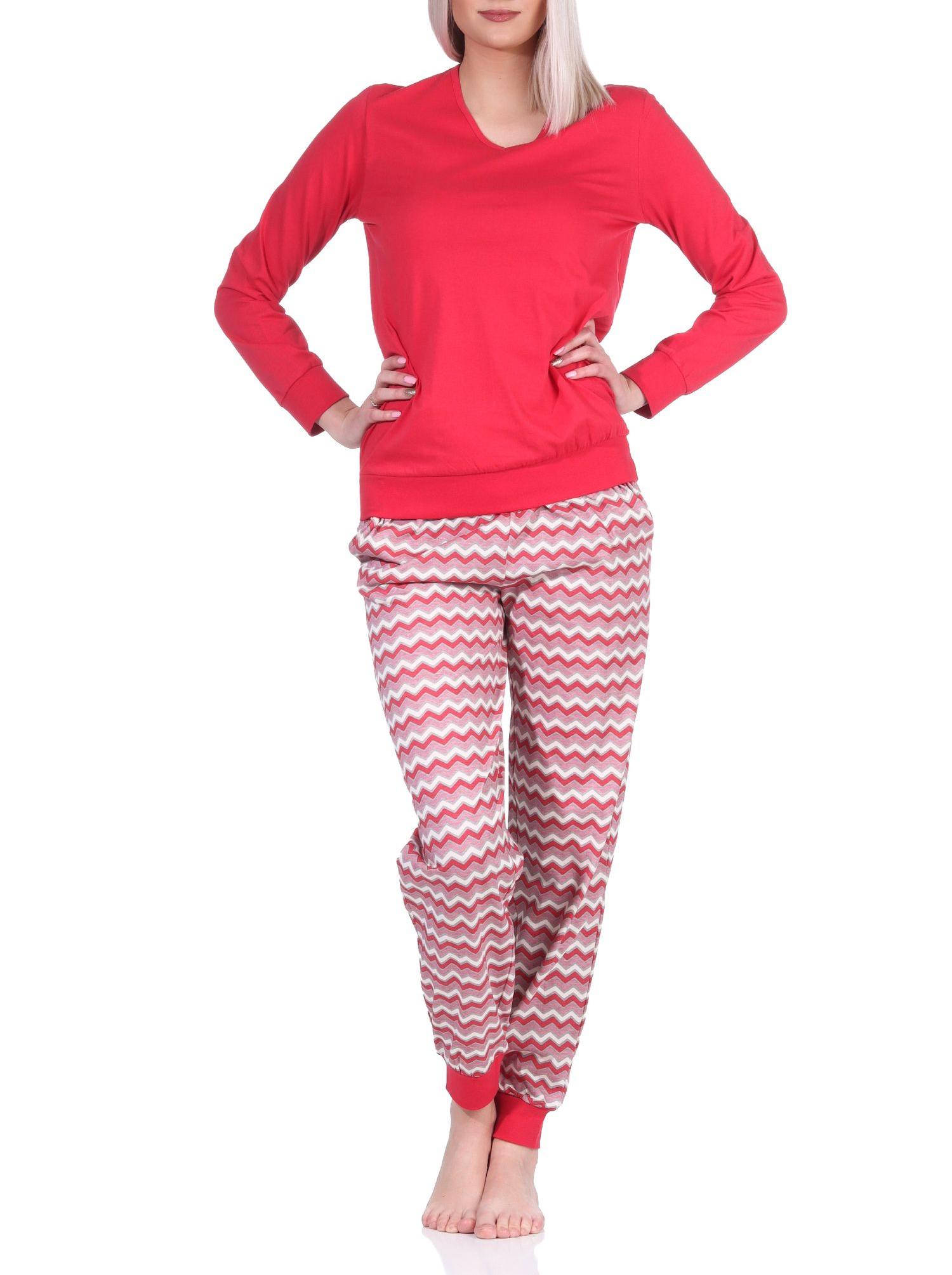 Damen Pyjama, Schlafanzug lang mit V-Hals & Bündchen im Ethno-Look Damen Pyjama, Schlafanzug lang mit V-Hals & Bündchen im Ethno-Look