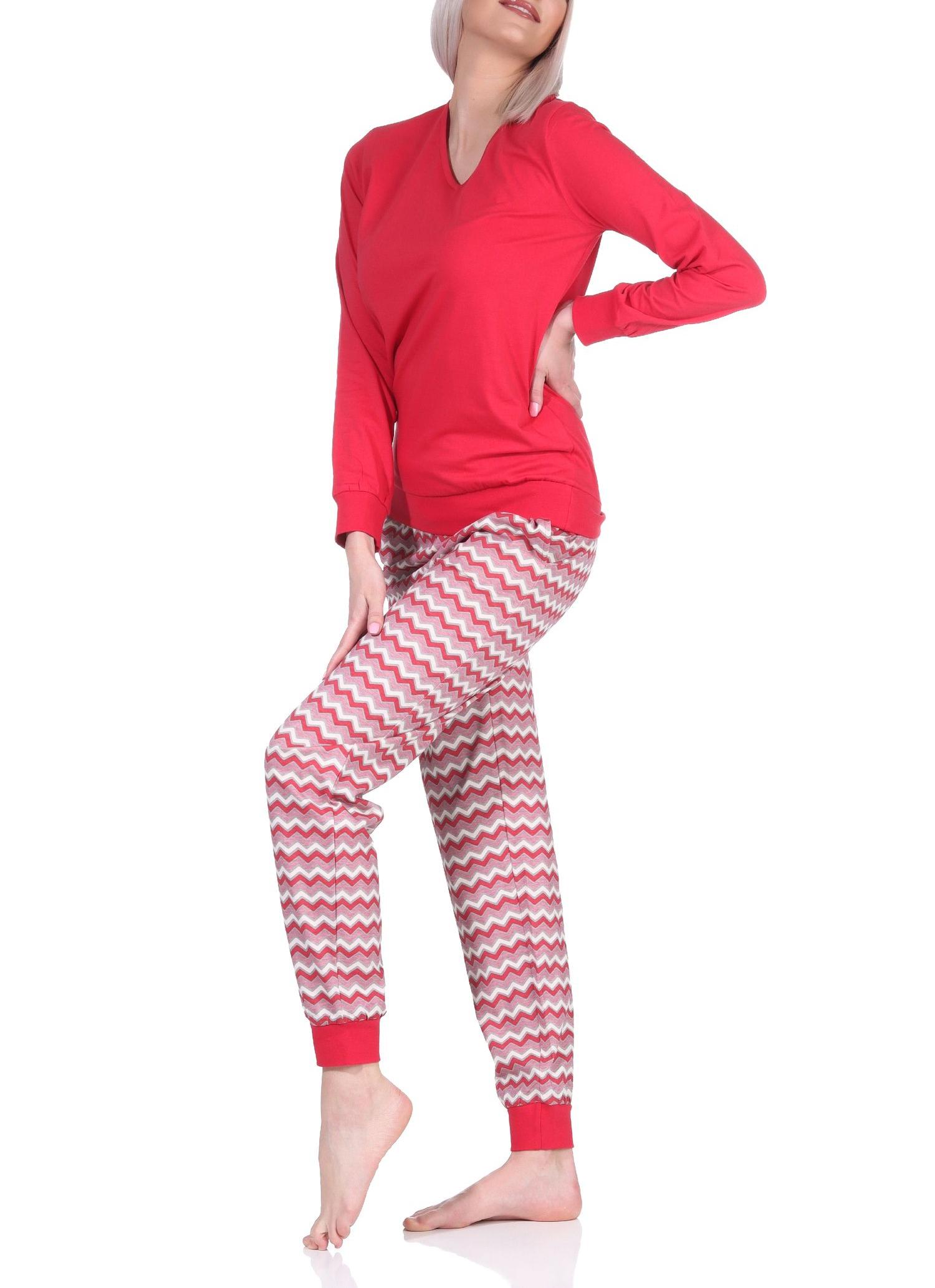 Damen Pyjama, Schlafanzug lang mit V-Hals & Bündchen im Ethno-Look