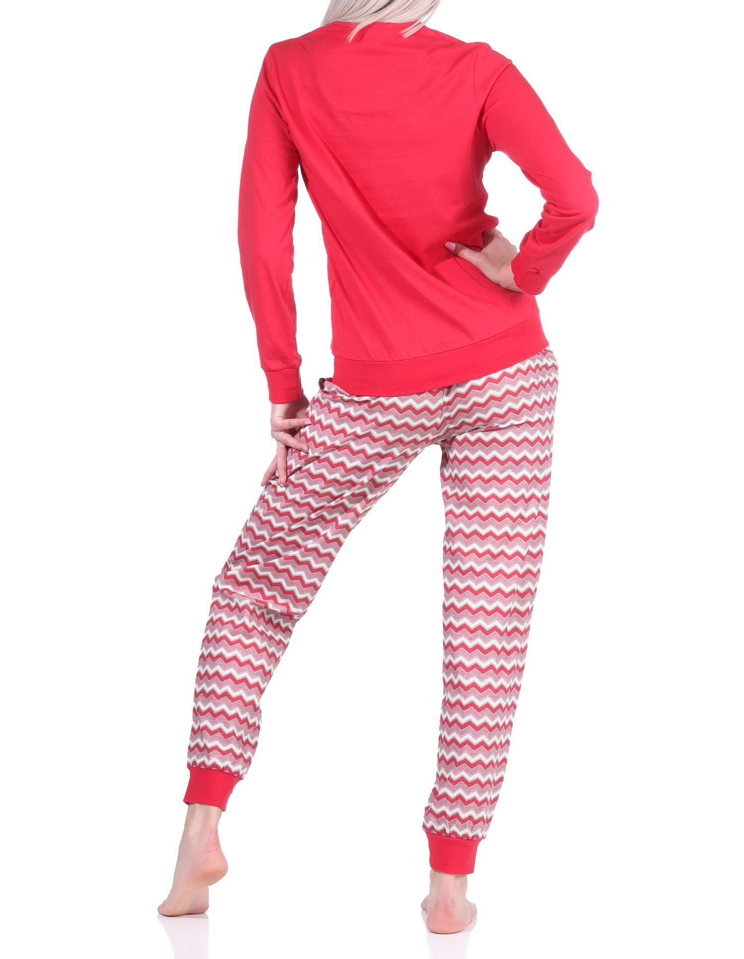 Damen Pyjama, Schlafanzug lang mit V-Hals & Bündchen im Ethno-Look