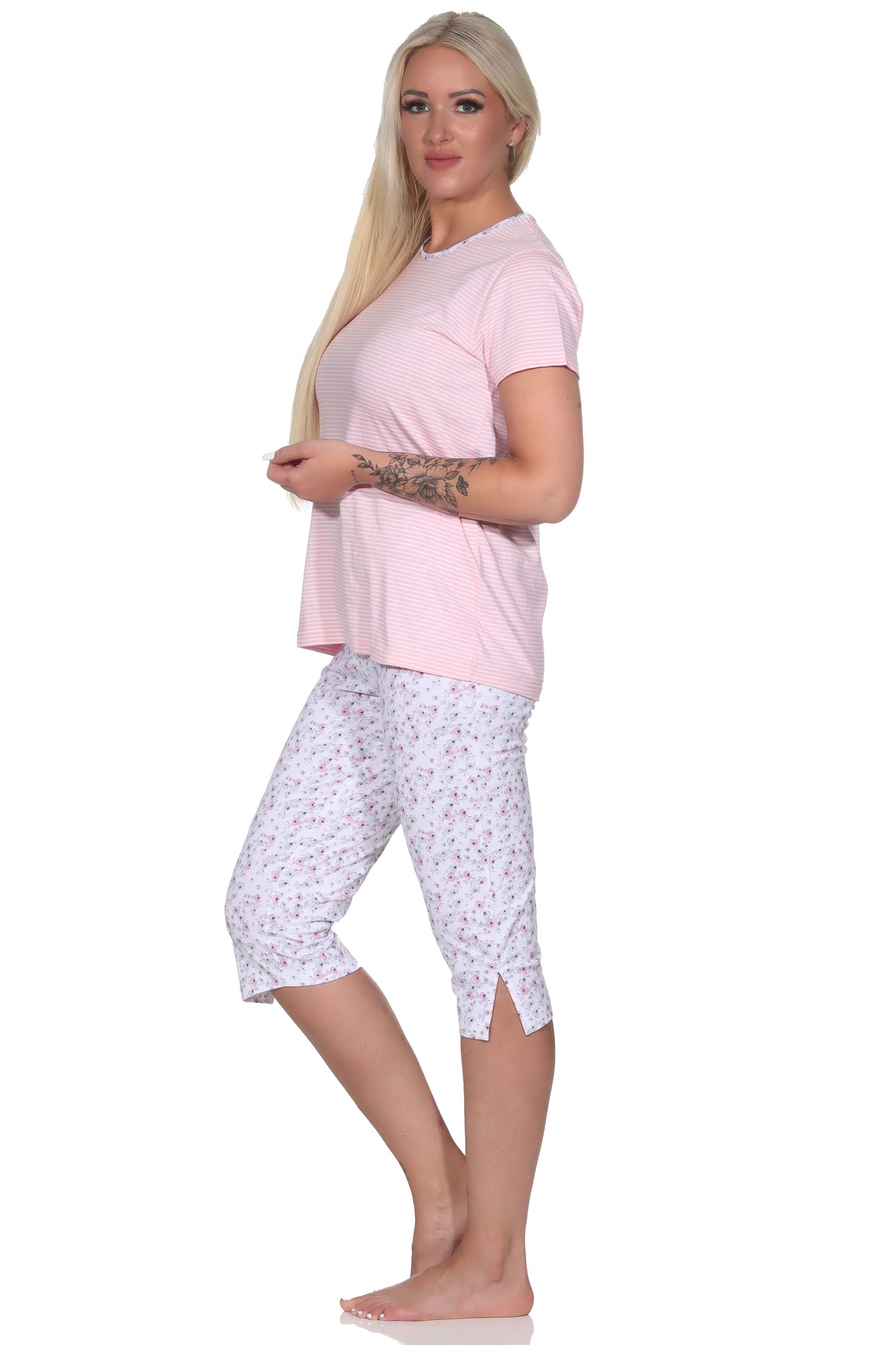 Floraler Damen Capri Pyjama Schlafanzug mit Streifen, 3/4 Hose & Rundhals