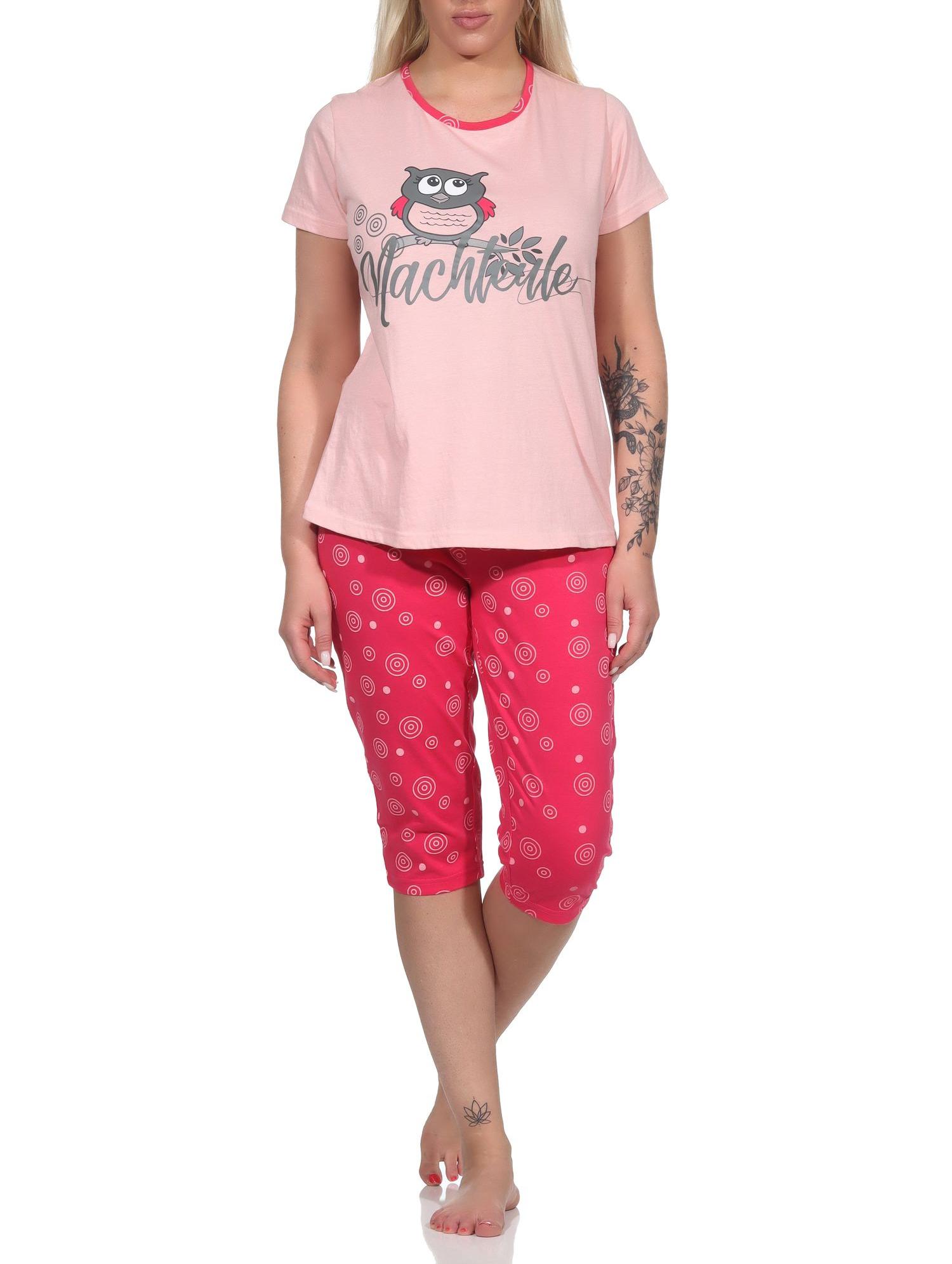 Damen kurzarm Schlafanzug, Capri Pyjama mit süßem Eulen-Motiv "Nachteule" Damen kurzarm Schlafanzug, Capri Pyjama mit süßem Eulen-Motiv "Nachteule"