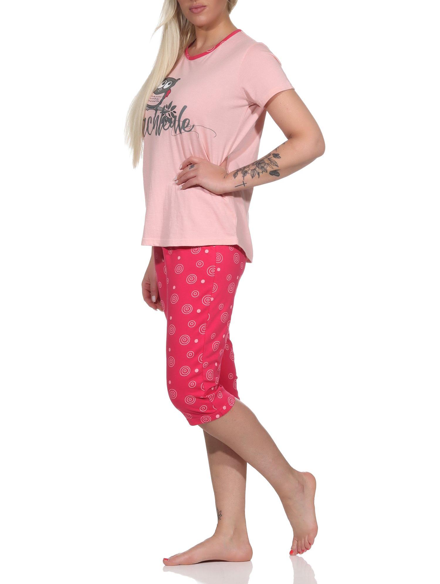 Damen kurzarm Schlafanzug, Capri Pyjama mit süßem Eulen-Motiv "Nachteule"