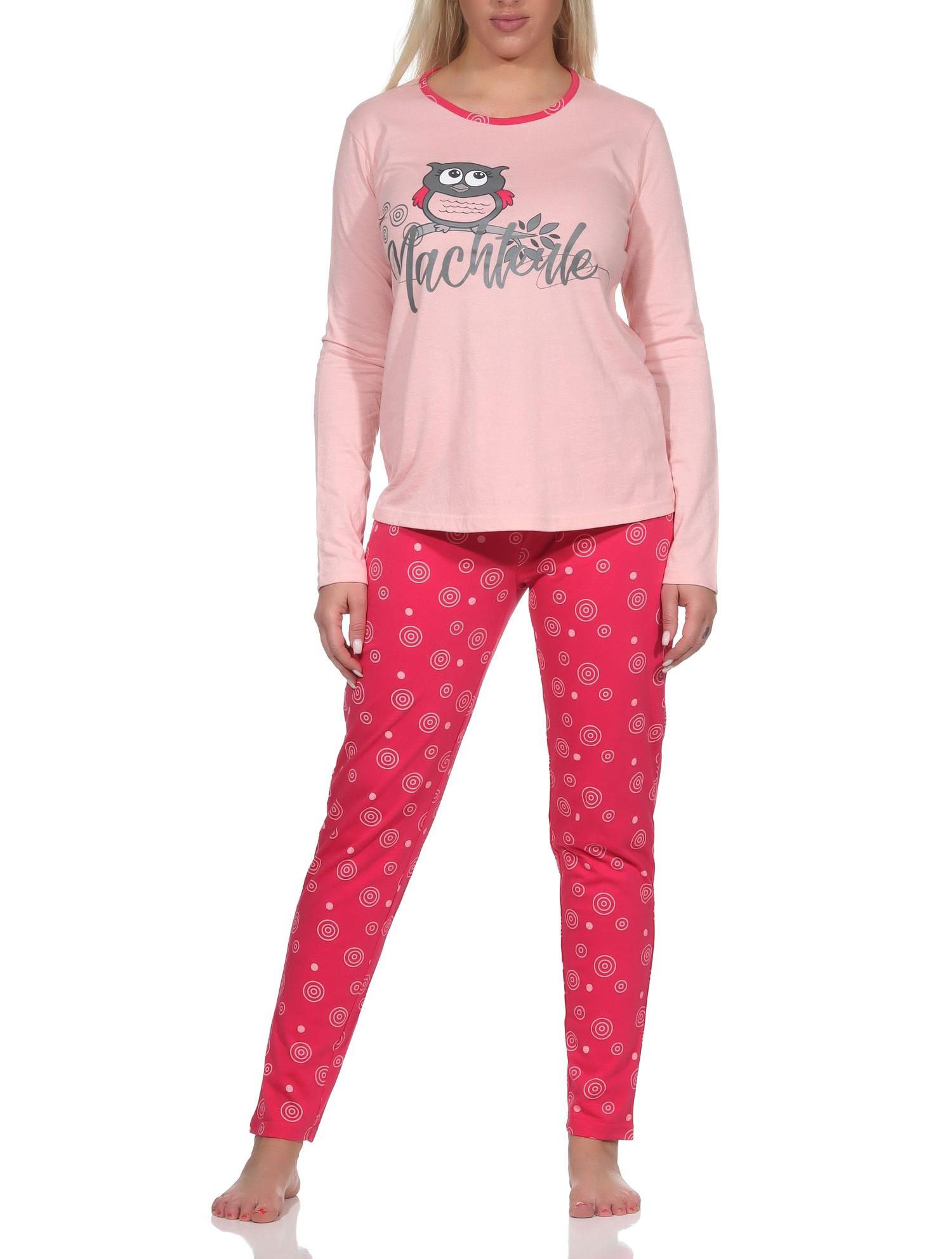 Langer Damen Pyjama Schlafanzug mit Rundhals und niedlichem Eulen-Motiv