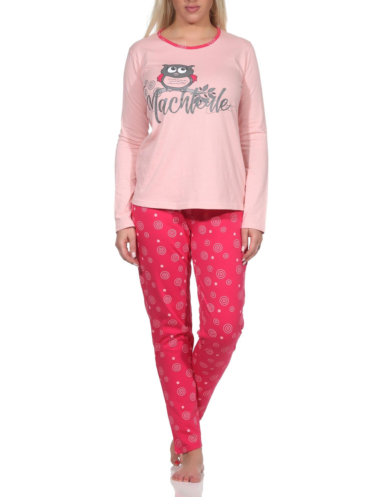 Langer Damen Pyjama Schlafanzug mit Rundhals und niedlichem Eulen-Motiv