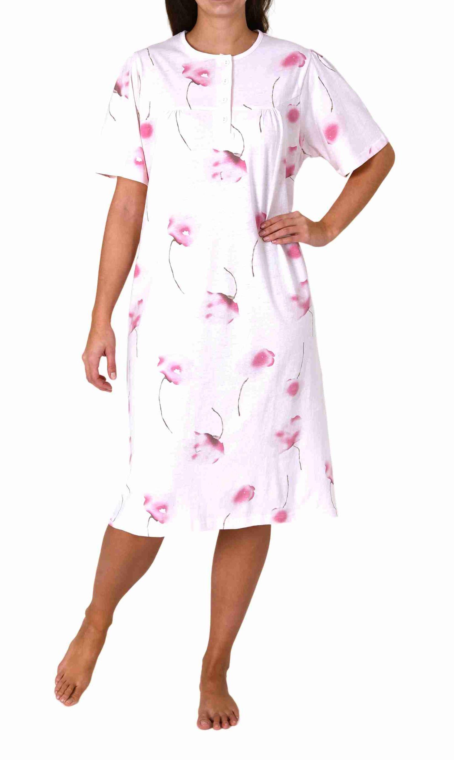 Frauliches kurzarm Damen Nachthemd in klassischer Optik,105 cm Länge, Knopfleiste am Hals