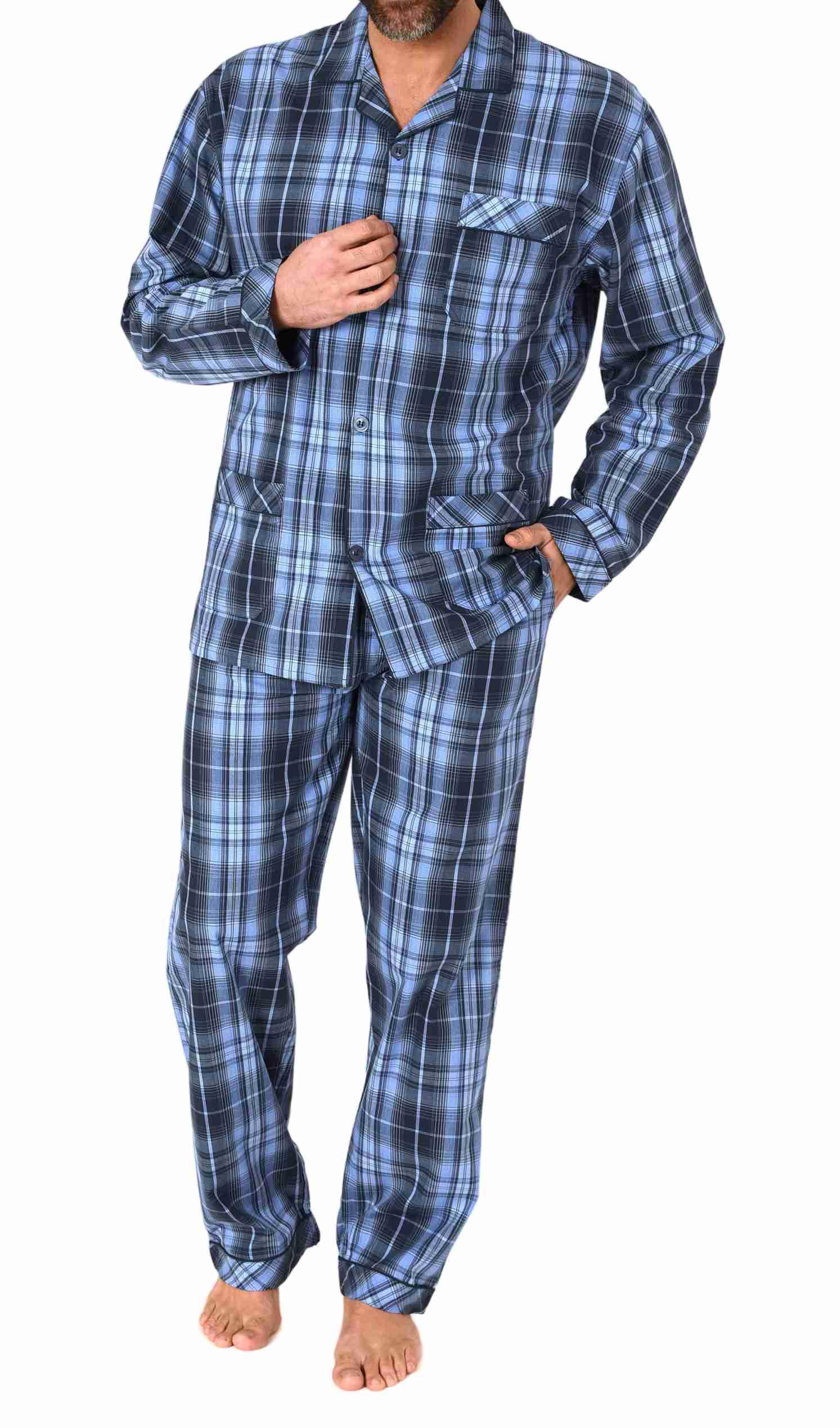 Herren langarm Schlafanzug Pyjama gewebt zum Knöpfen in eleganter Optik