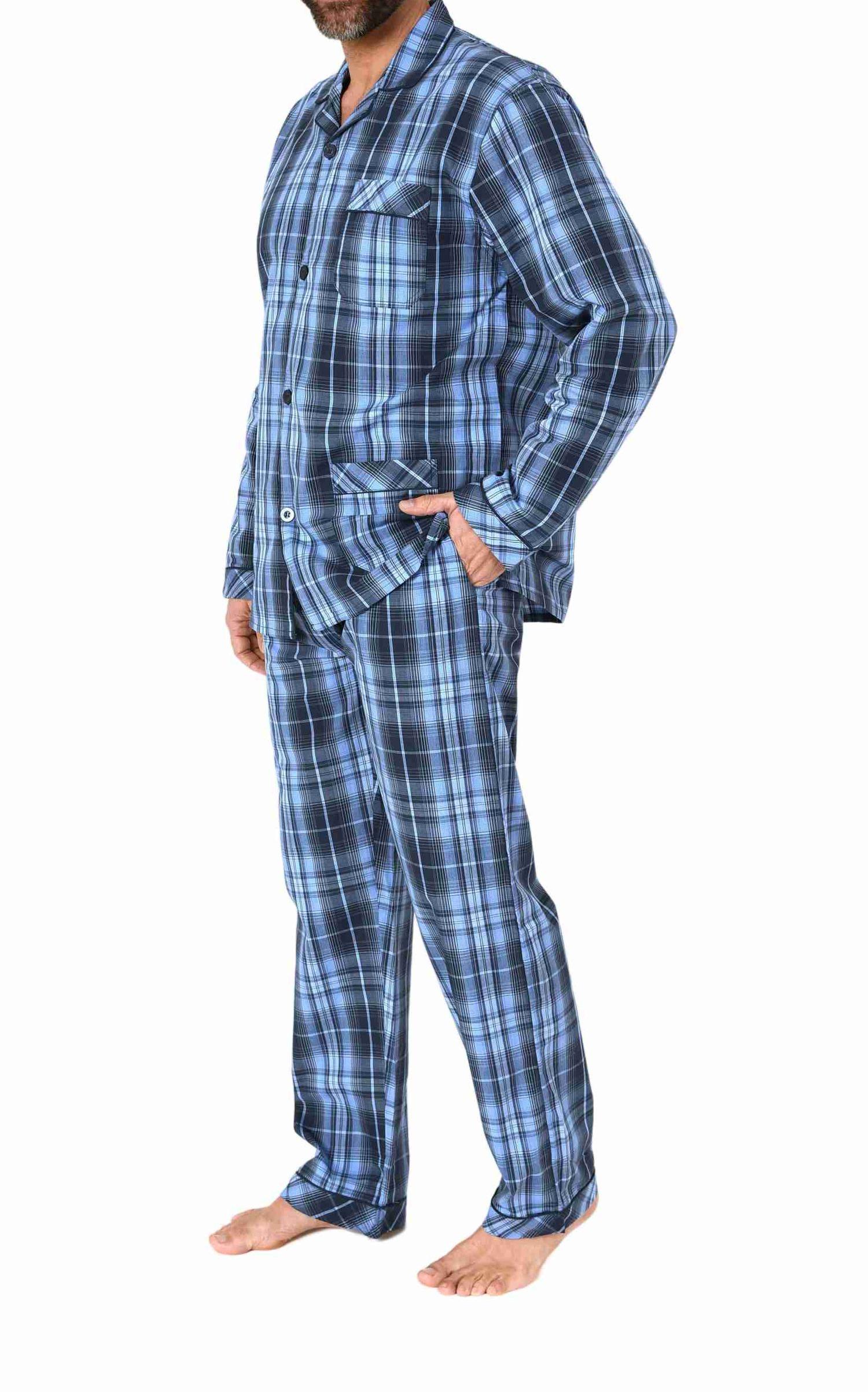 Herren langarm Schlafanzug Pyjama gewebt zum Knöpfen in eleganter Optik