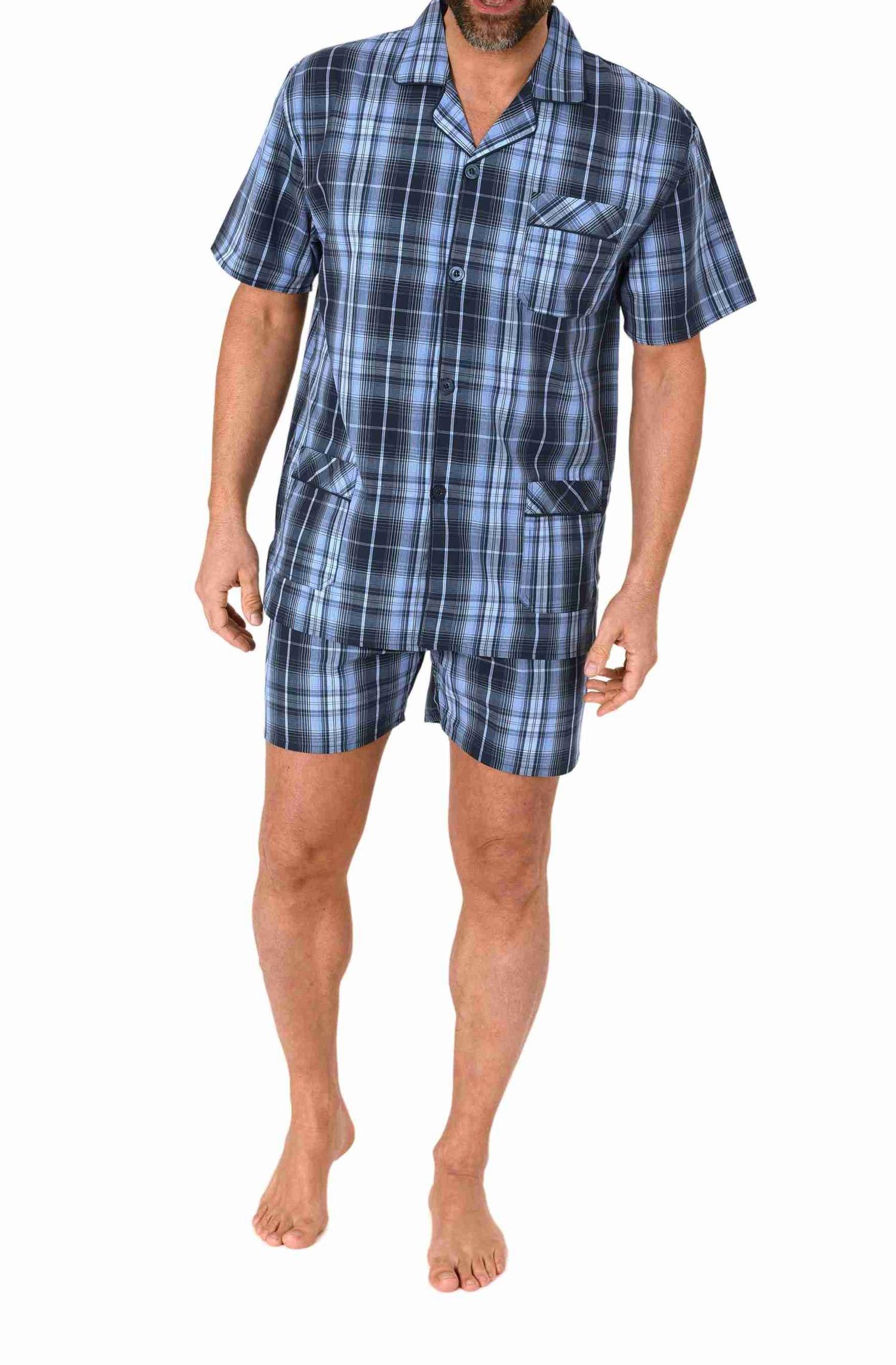 Herren kurzarm Schlafanzug Shorty Pyjama gewebt zum Knöpfen in eleganter Optik