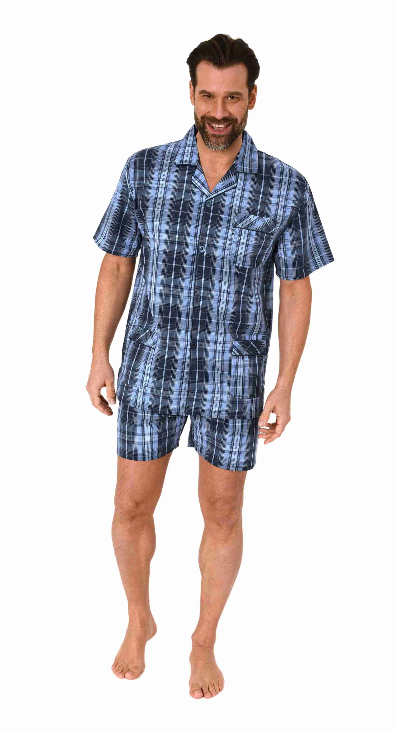 Herren kurzarm Schlafanzug Shorty Pyjama gewebt zum Knöpfen in eleganter Optik