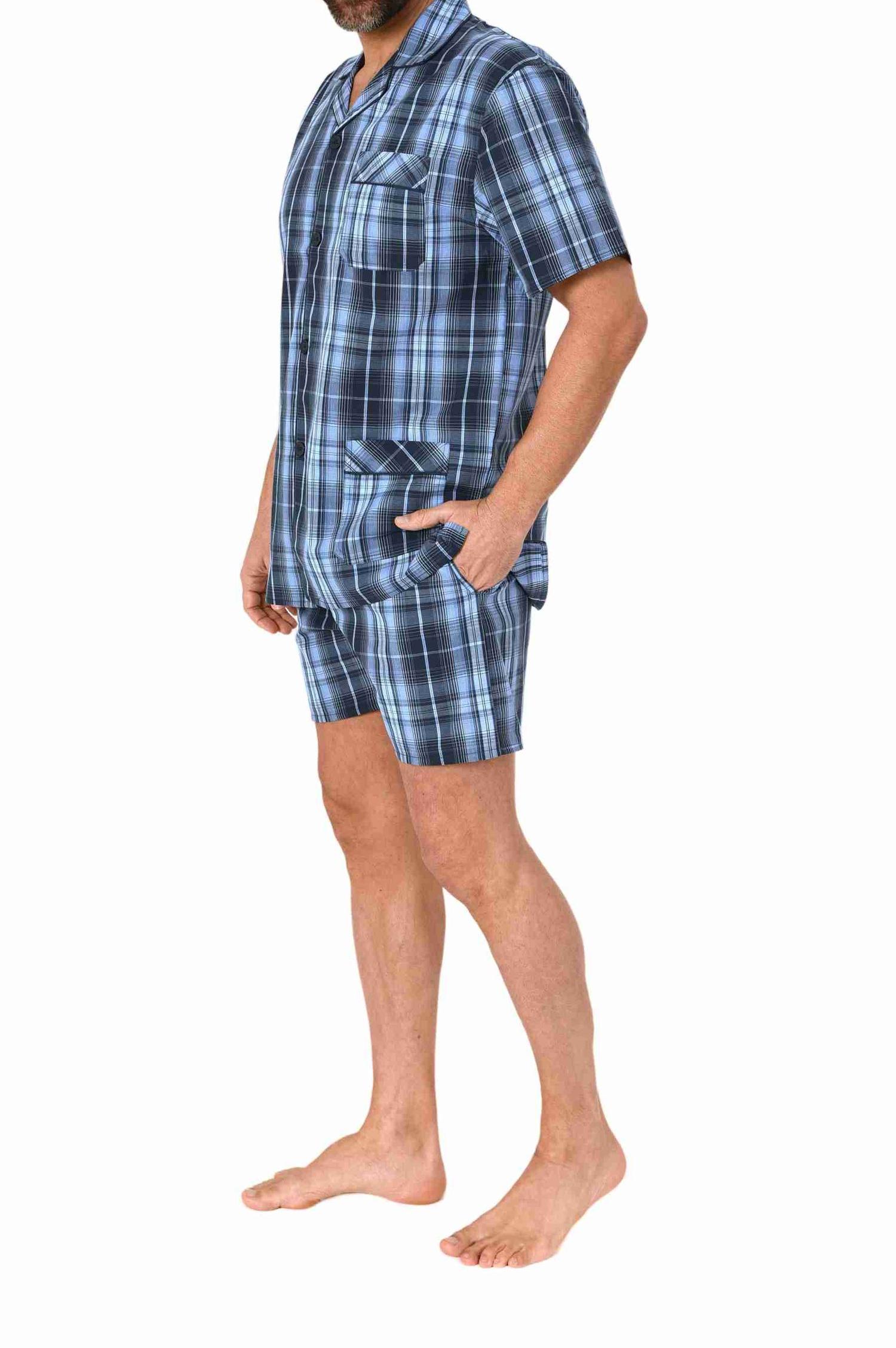 Herren kurzarm Schlafanzug Shorty Pyjama gewebt zum Knöpfen in eleganter Optik