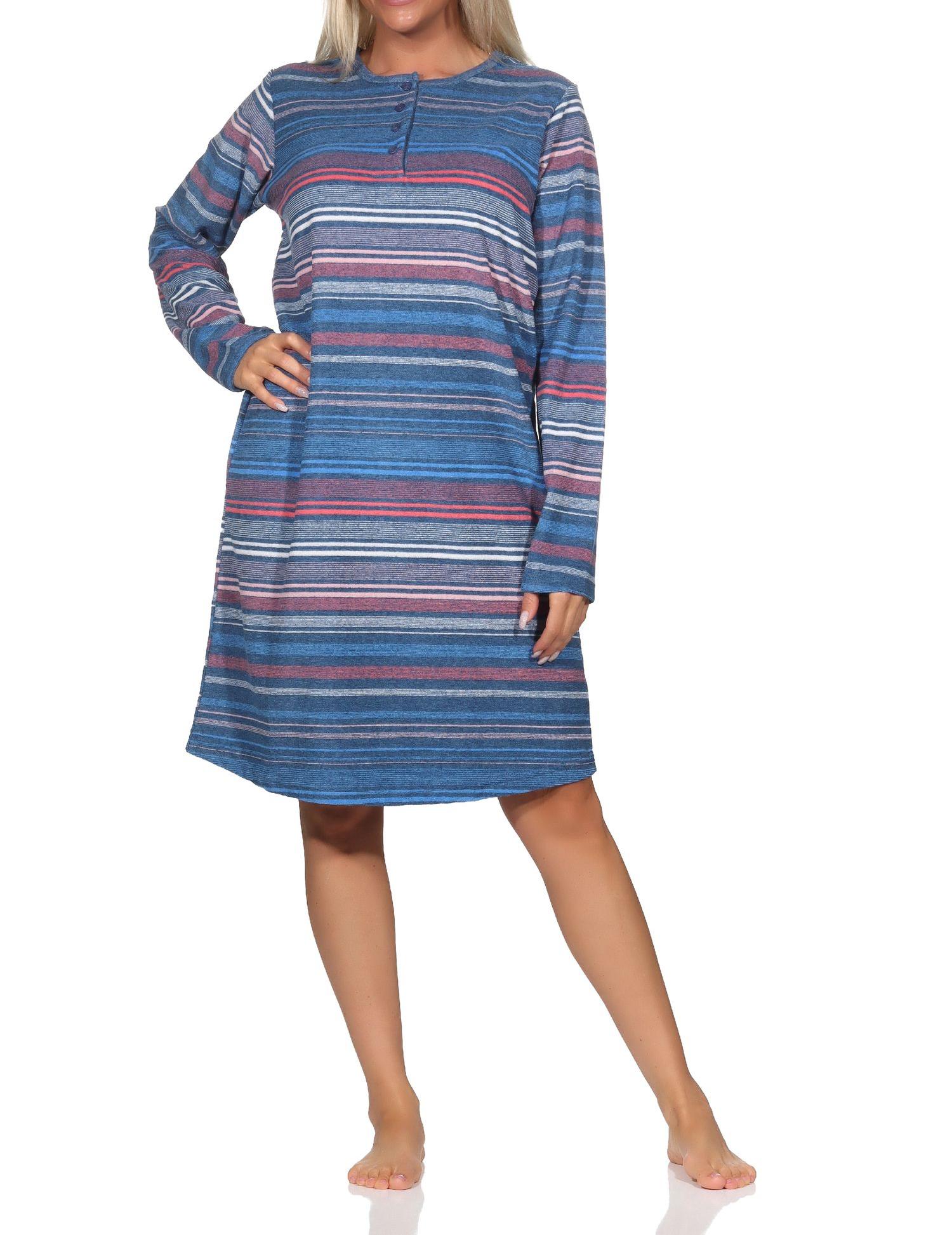 Normann Damen Frottee Nachthemd langarm mit Bündchen gestreift - auch in Übergrössen