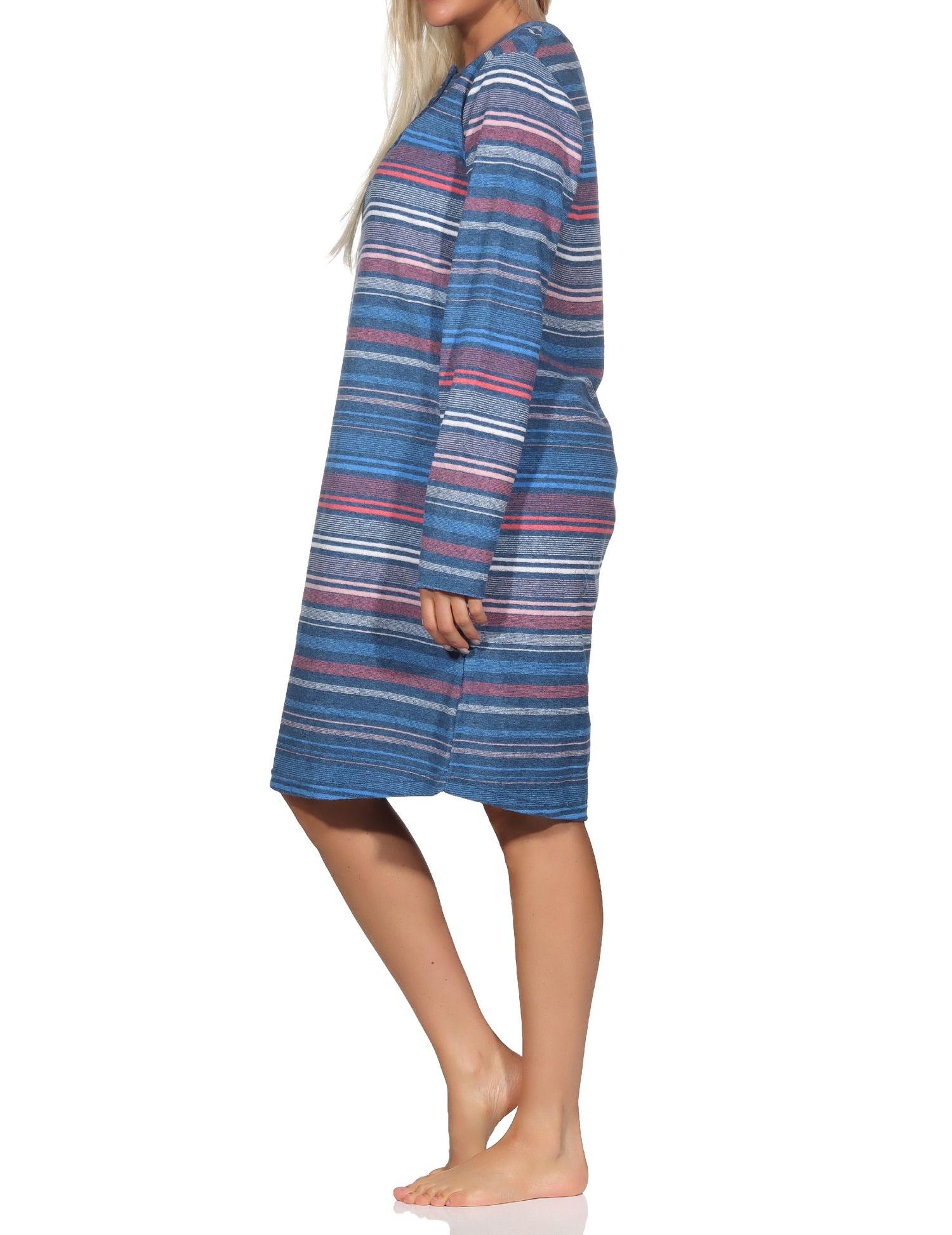 Normann Damen Frottee Nachthemd langarm mit Bündchen gestreift - auch in Übergrössen