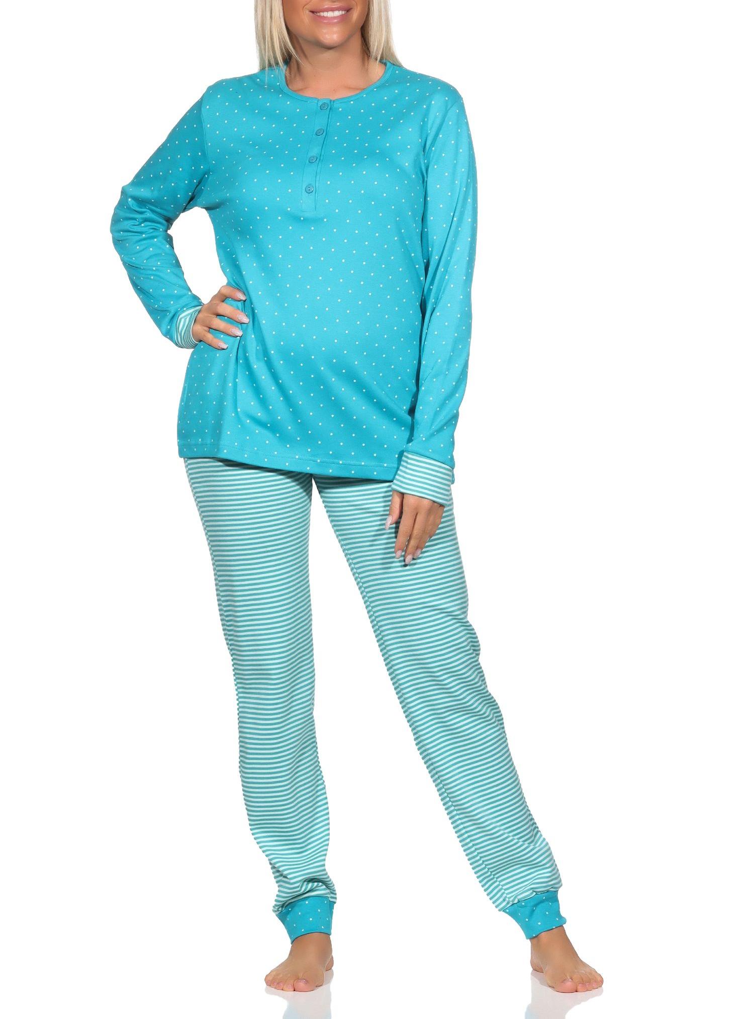 Kuschelig warmer Damen langarm Schlafanzug Pyjama mit Bündchen in Tupfen Streifen Optik - 281 201 96 126v Normann Damen Interlock Schlafanzug, kuscheliger Pyjama mit Bündchen & Knopfleiste - bis Gr. 50
