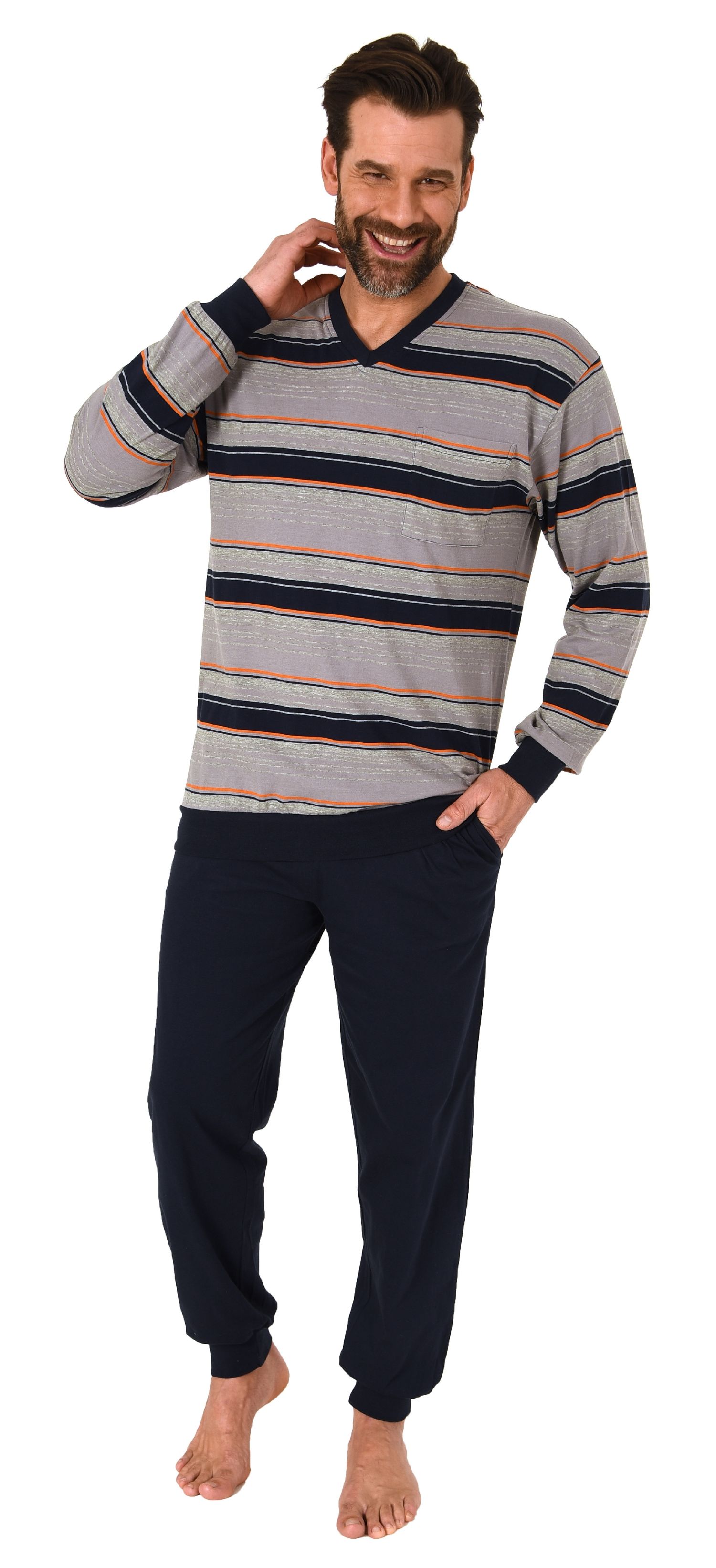 Normann Herren langarm Schlafanzug mit Bündchen in Streifenoptik - auch in Übergrössen