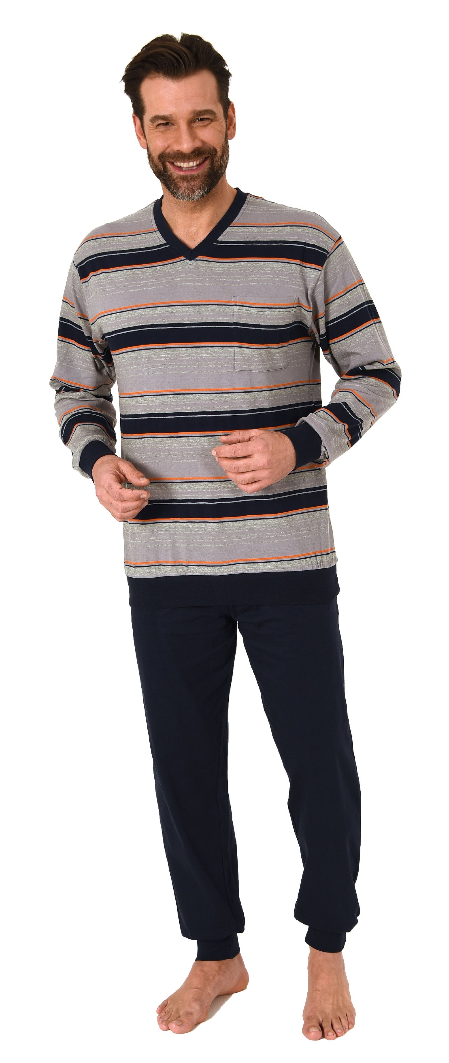 Normann Herren langarm Schlafanzug mit Bündchen in Streifenoptik - auch in Übergrössen