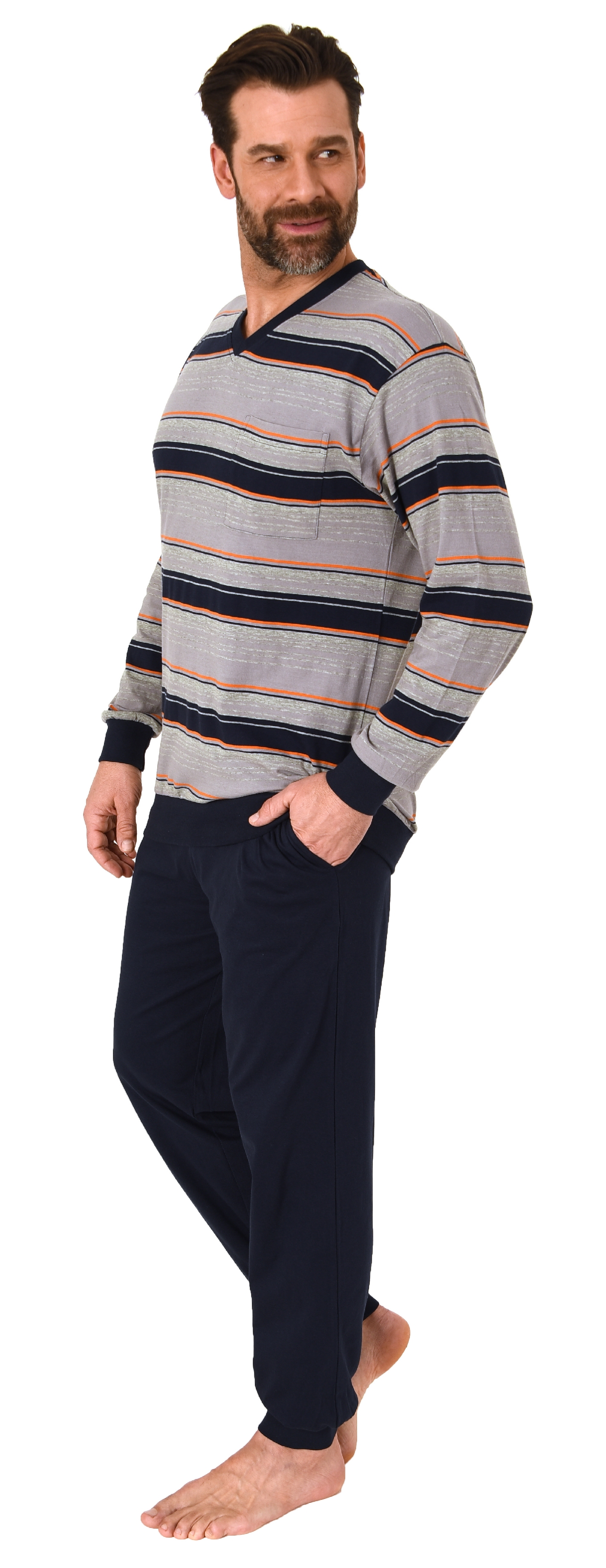 Normann Herren langarm Schlafanzug mit Bündchen in Streifenoptik - auch in Übergrössen