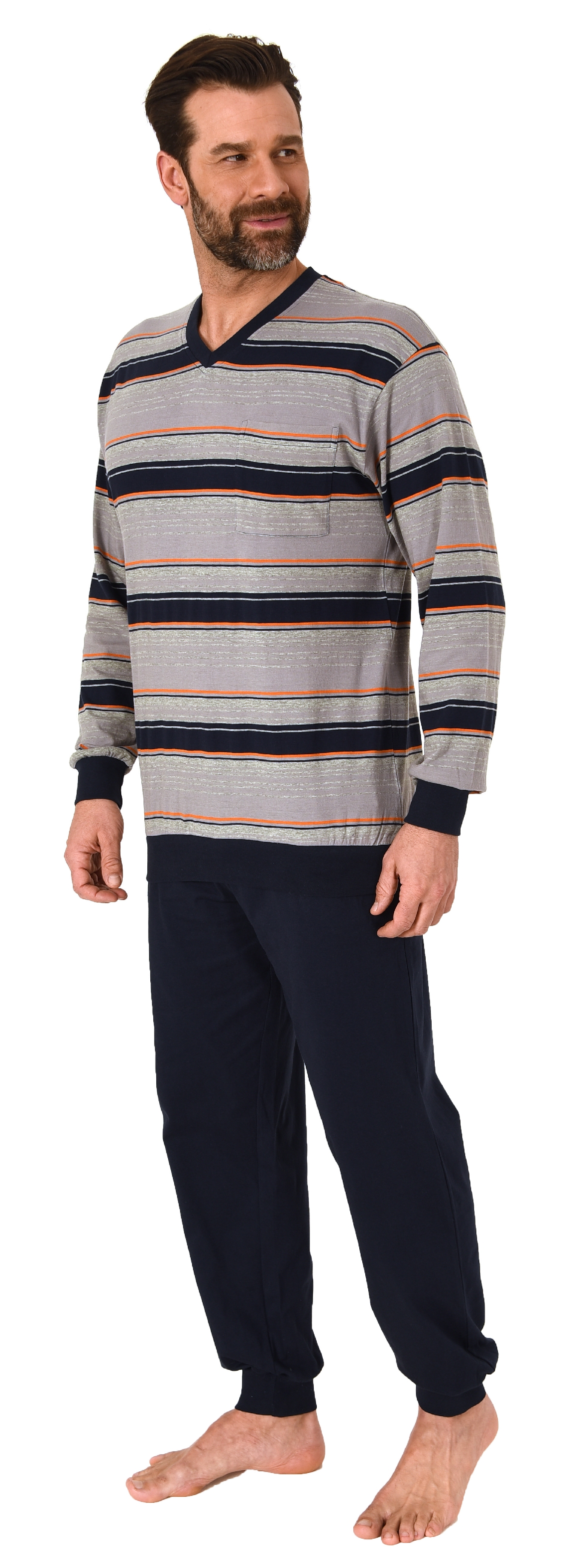 Normann Herren langarm Schlafanzug mit Bündchen in Streifenoptik - auch in Übergrössen
