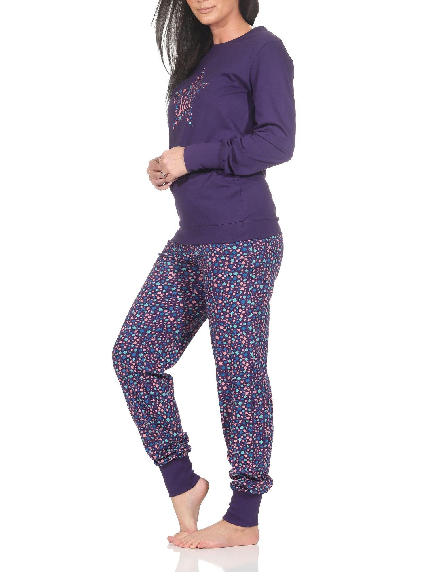 Damen Schlafanzug Pyjama langarm mit Bündchen in Sterne Optik - auch in Übergrößen