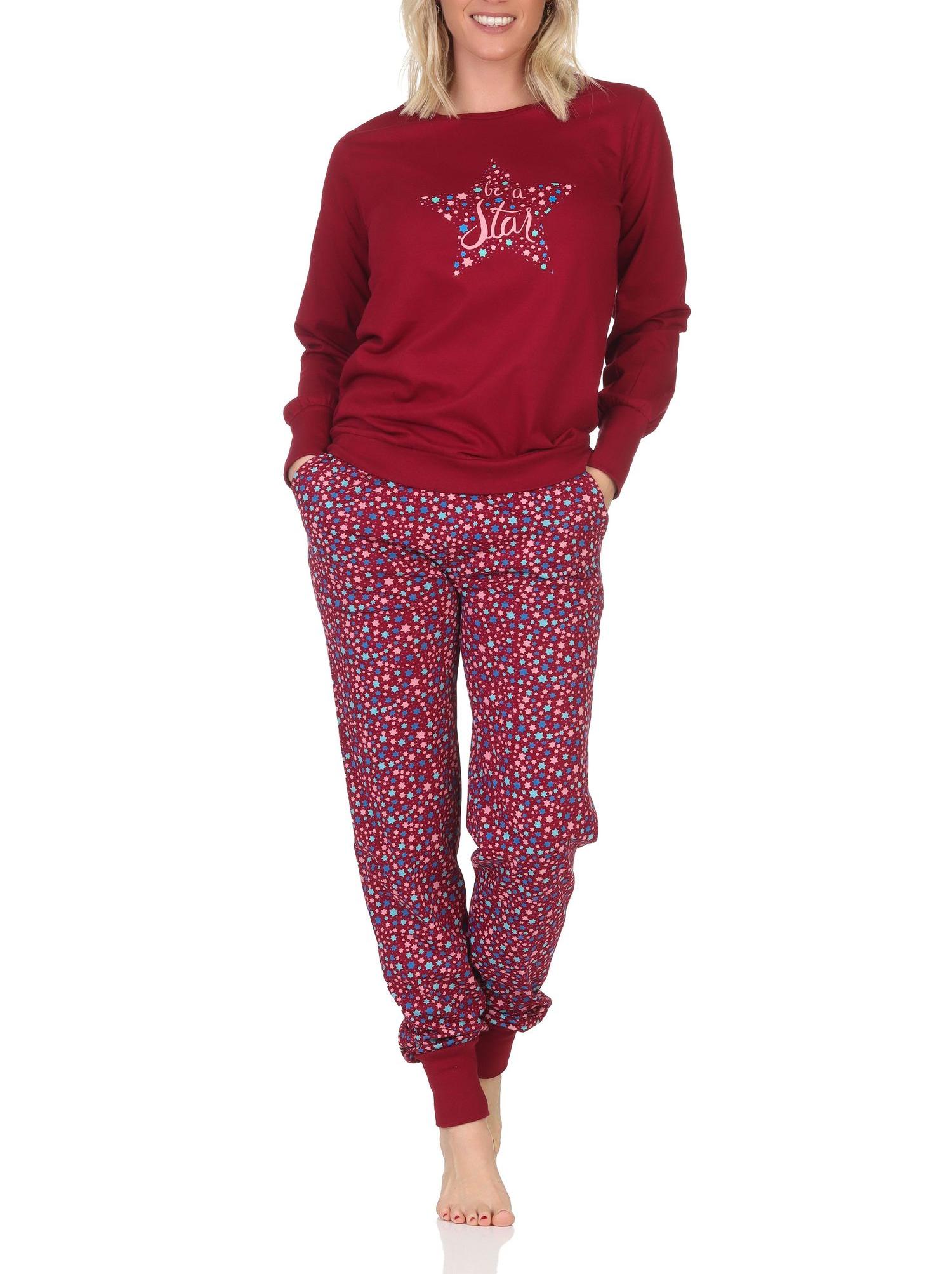 Damen Schlafanzug Pyjama langarm mit Bündchen in Sterne Optik - auch in Übergrößen
