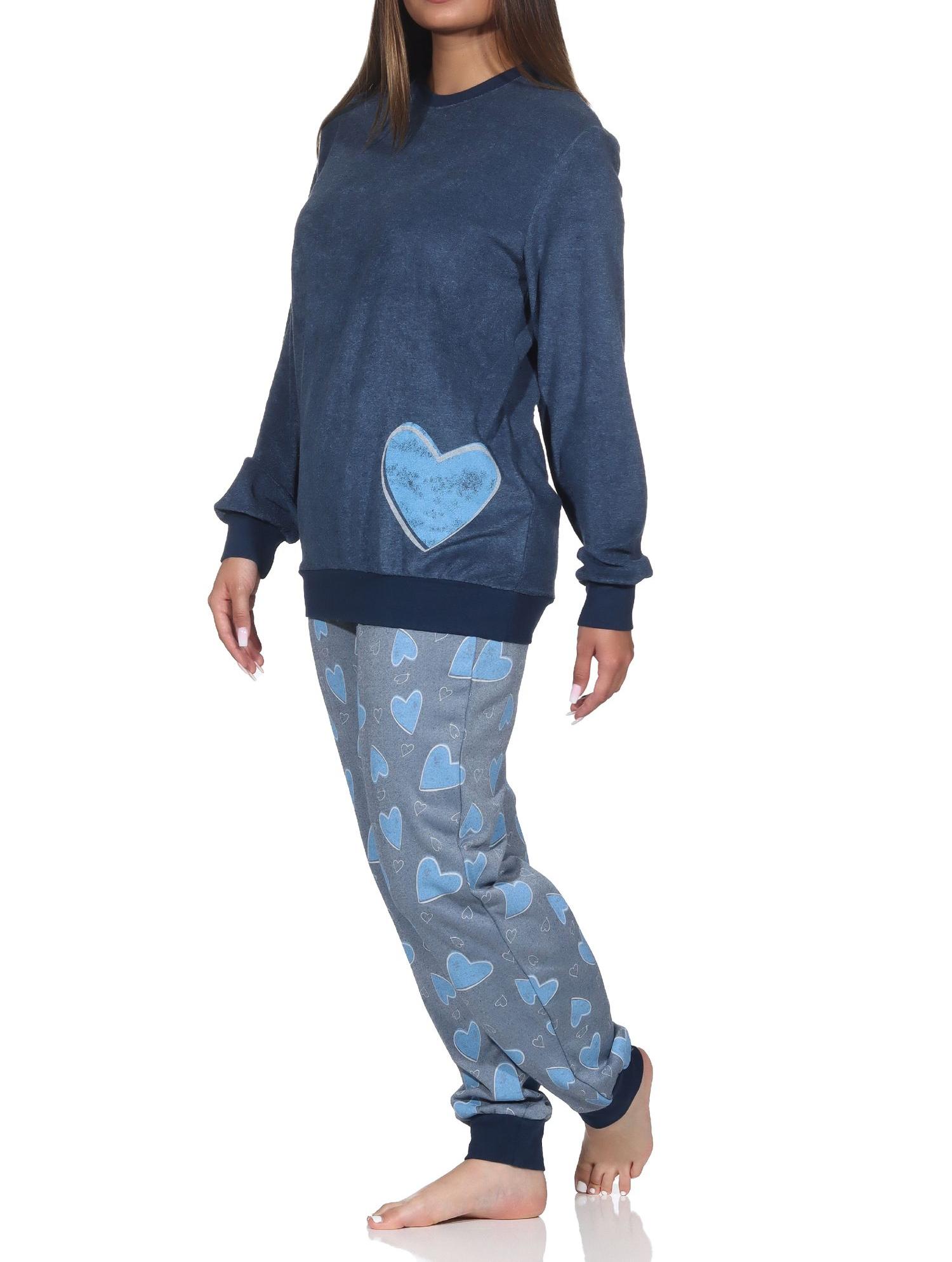 Normann Damen Frottee Schlafanzug langarm mit Bündchen in Herz Optik - auch in Übergrösse