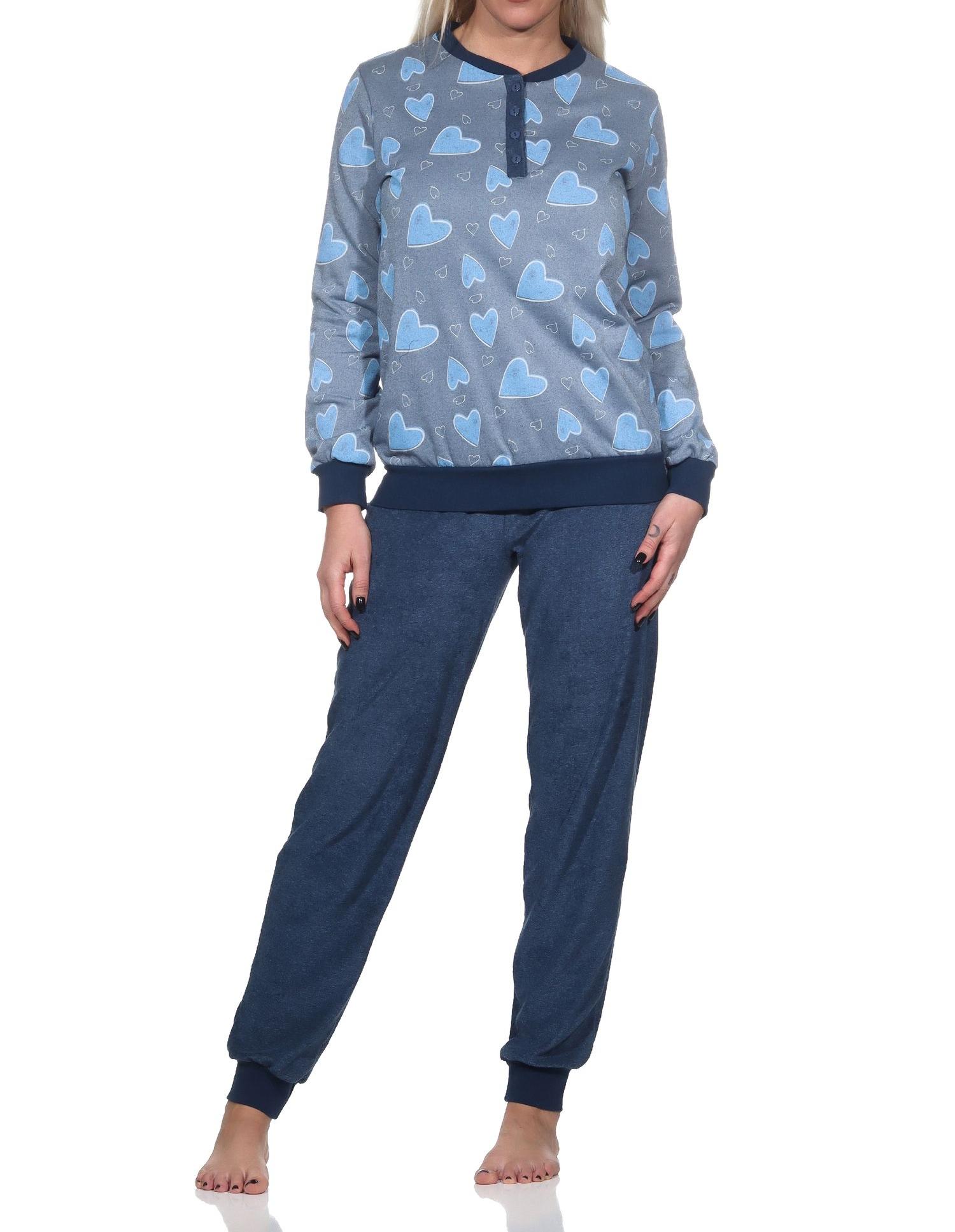Normann Damen langarm Frottee Schlafanzug mit Bündchen in Herz Optik - auch in Übergrösse