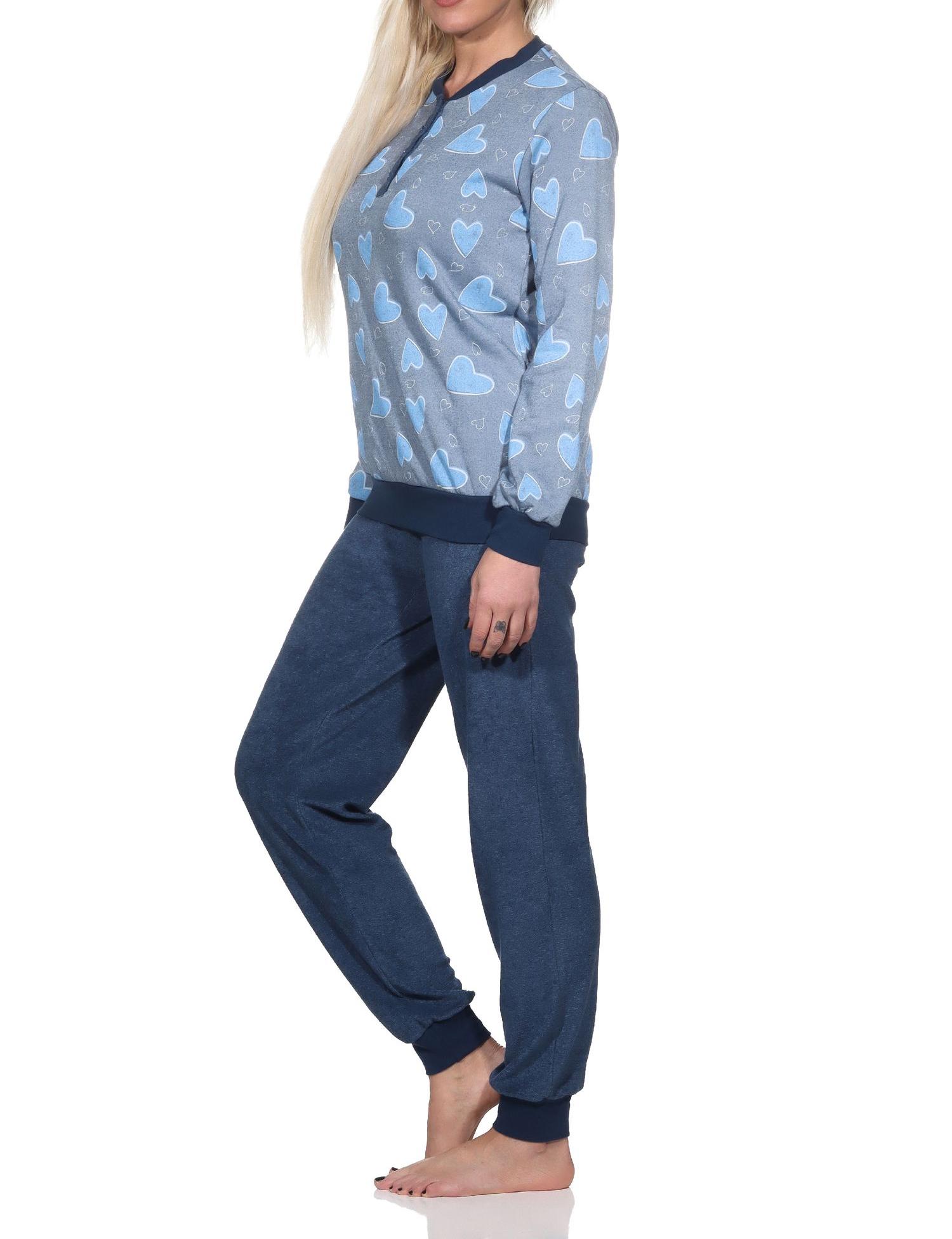 Normann Damen langarm Frottee Schlafanzug mit Bündchen in Herz Optik - auch in Übergrösse