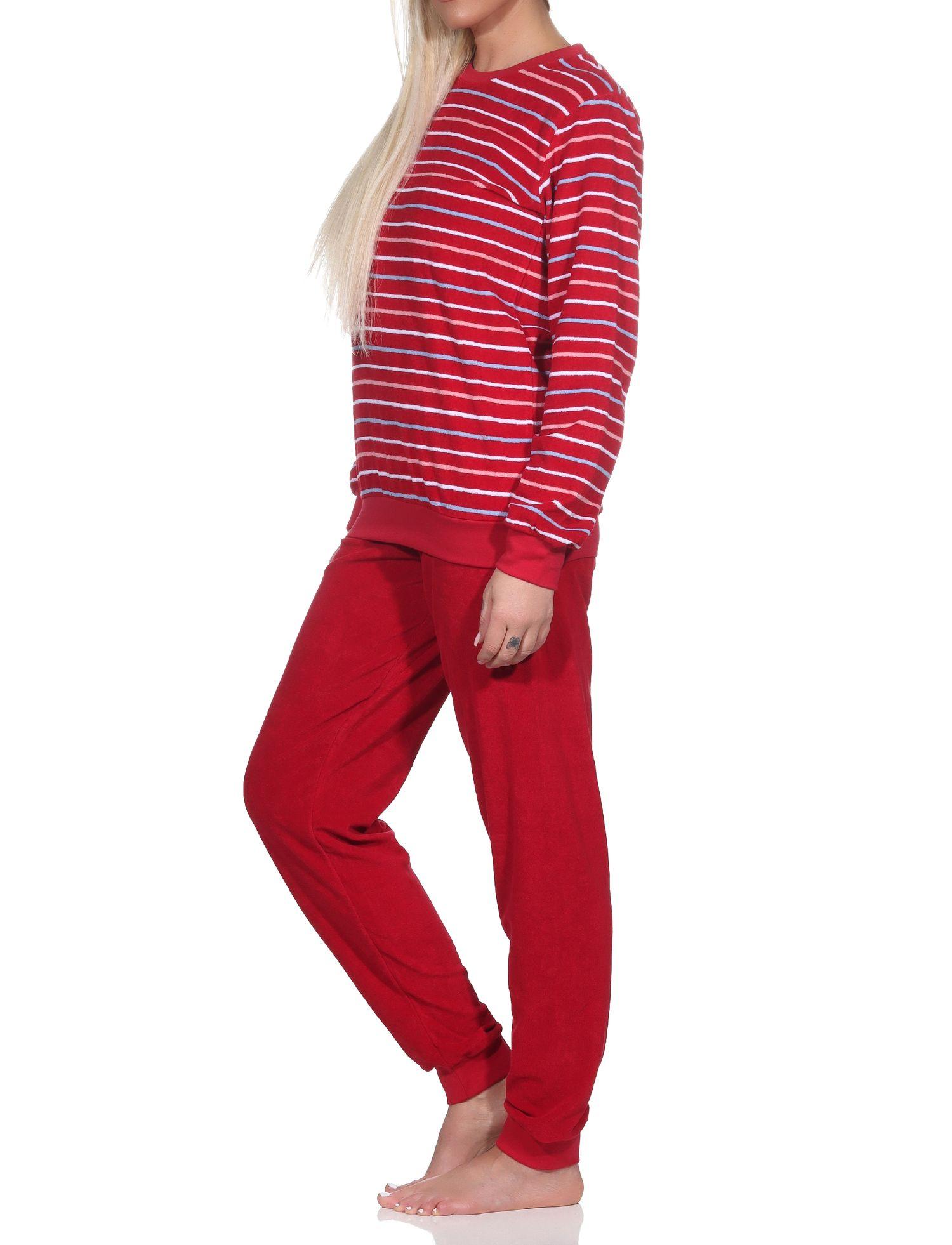 Normann Damen langarm Frottee Schlafanzug Pyjama mit Bündchen in Streifenoptik