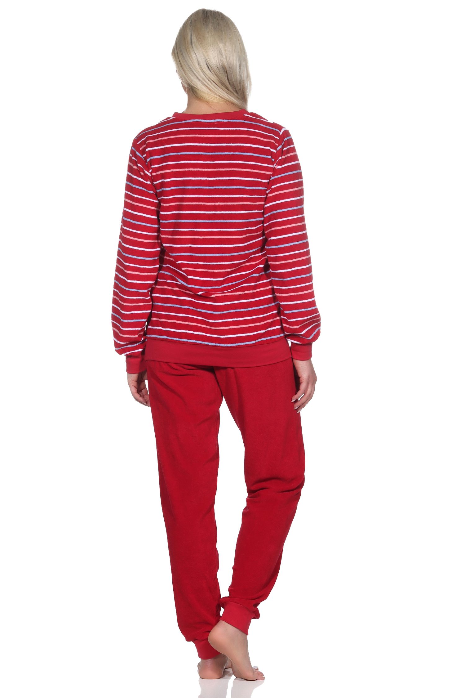 Normann Damen langarm Frottee Schlafanzug Pyjama mit Bündchen in Streifenoptik