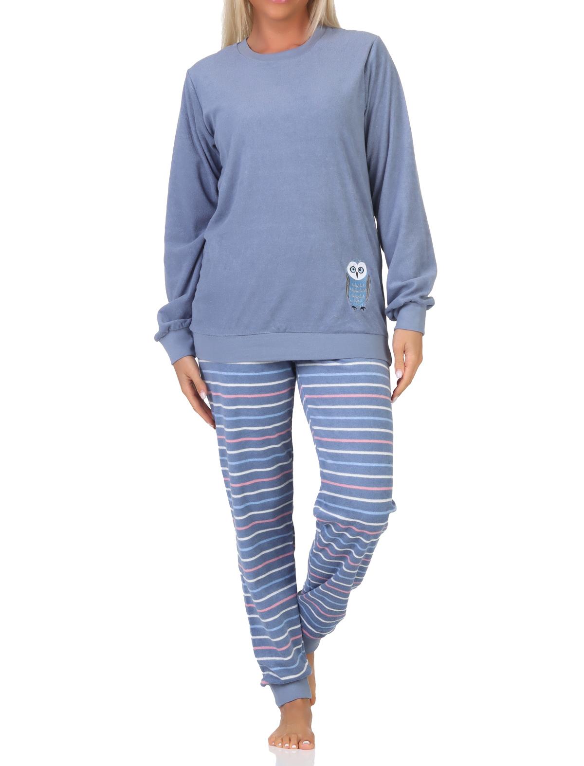 Normann Damen langarm Frottee Schlafanzug Pyjama mit Bündchen und Tiermotiv