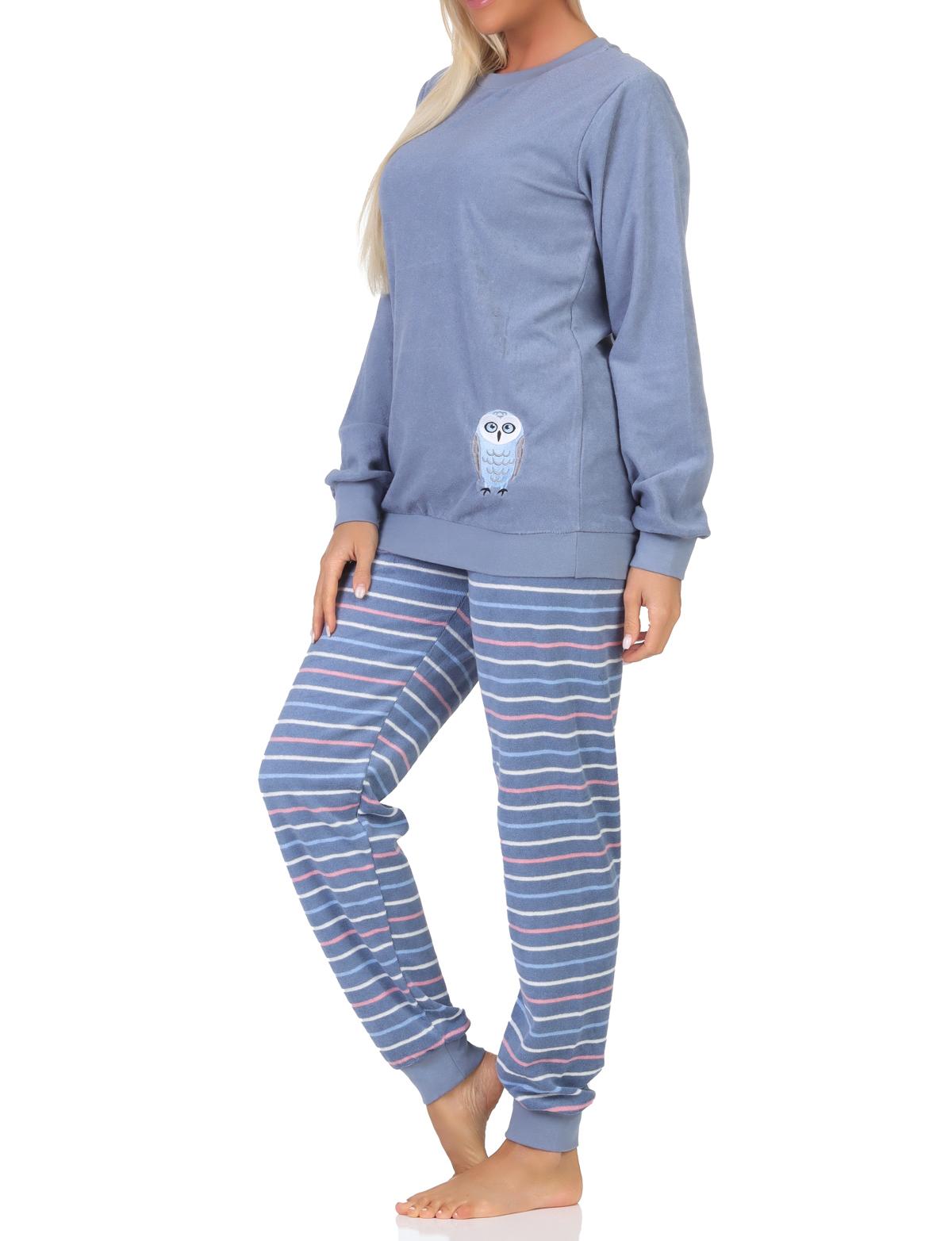 Normann Damen langarm Frottee Schlafanzug Pyjama mit Bündchen und Tiermotiv