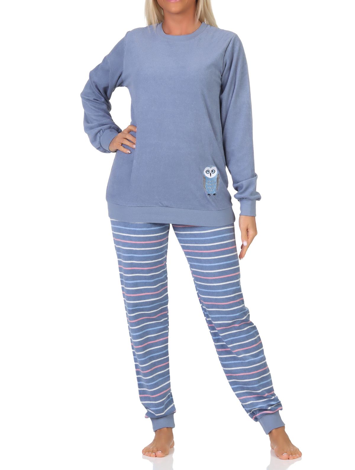 Normann Damen langarm Frottee Schlafanzug Pyjama mit Bündchen und Tiermotiv