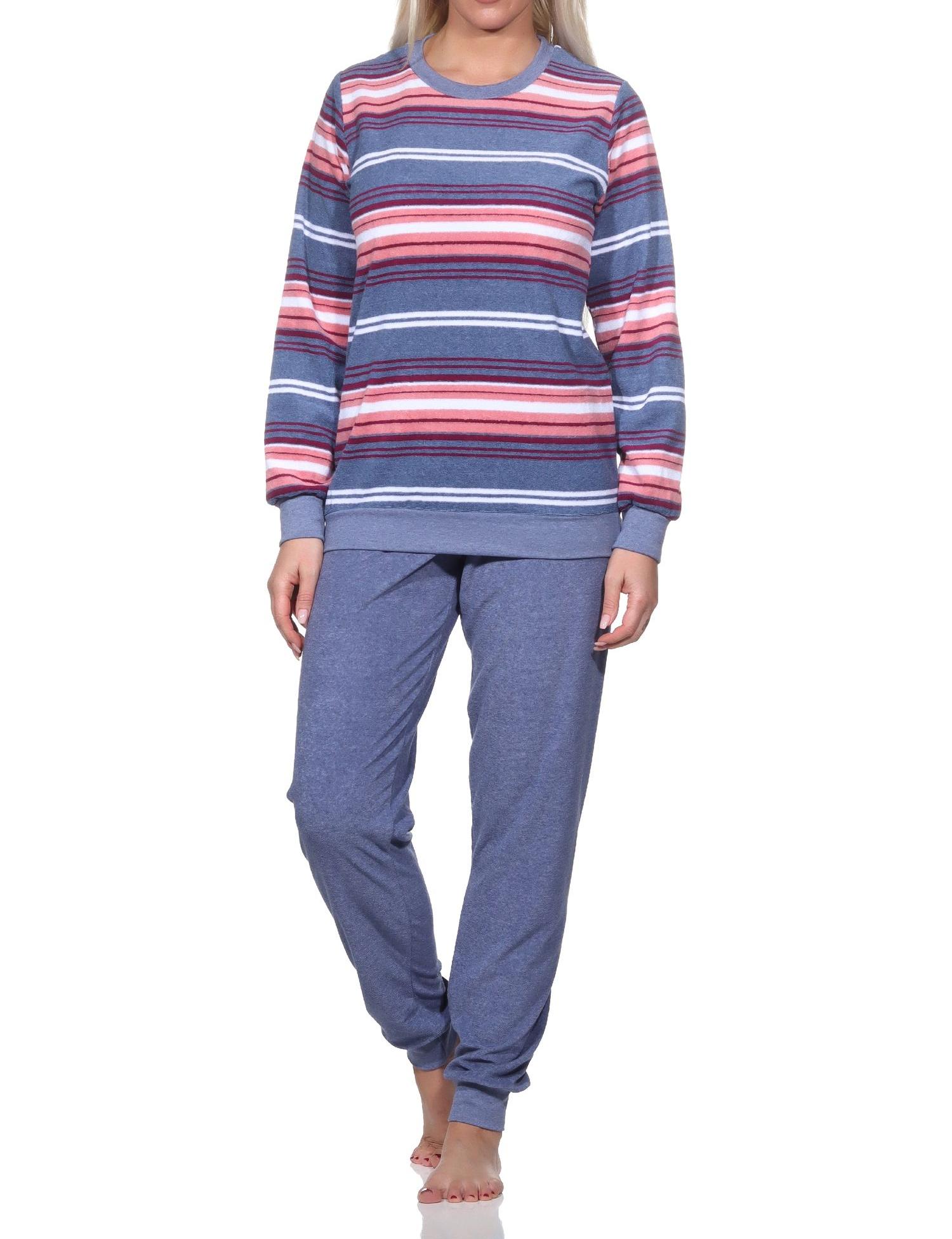 Normann Damen Frottee Schlafanzug mit Bündchen in edler Streifenoptik 