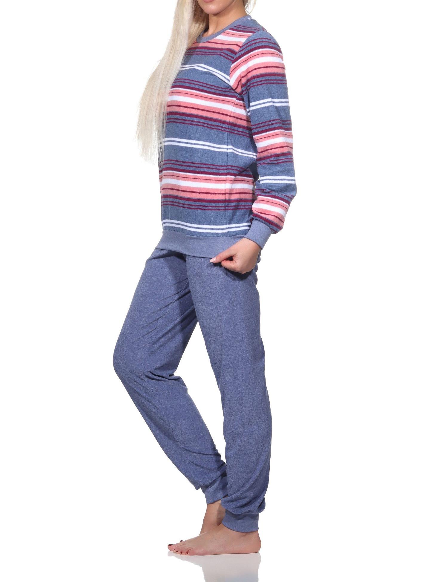 Normann Damen Frottee Schlafanzug mit Bündchen in edler Streifenoptik 
