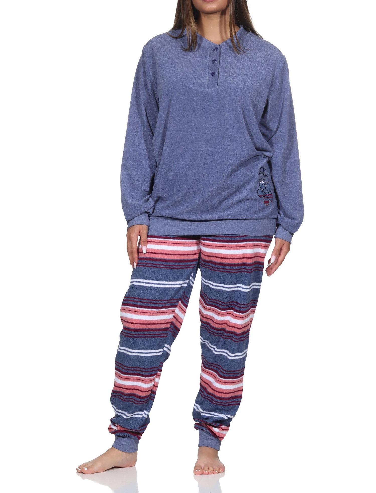 Normann Damen Frottee Schlafanzug lang mit Bündchen - Hose gestreift - auch in Übergröße
